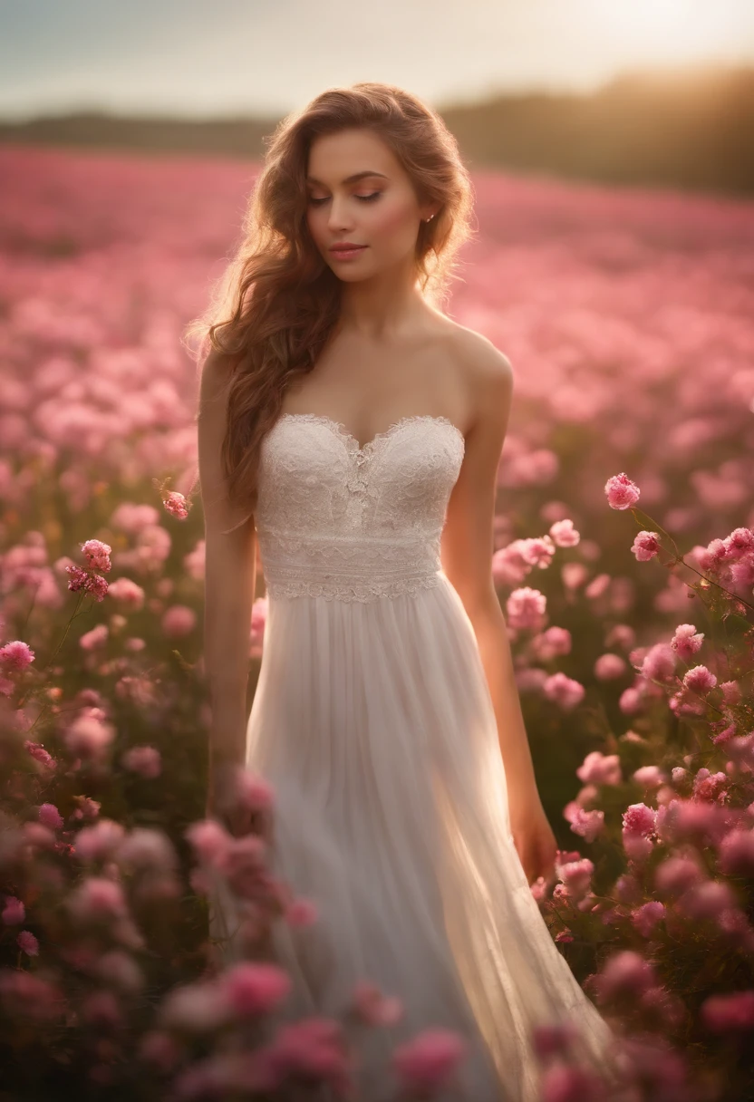 Best quality, masterpiece, ultra high resolution (photorealistic: 1.4), raw photo, 1 girl, white dress, bare shoulders, field of pink flowers in bloom, glowing skin, slight smile