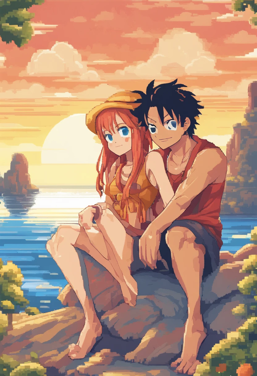 Nami and Luffy hugging,beautiful detailed eyes,beautiful detailed lips,extremely detailed eyes and face,longeyelashes,illustration,sunny weather,vivid colors,nature background,best quality,HDR,ultra-detailed,portraits,warm color tones,soft lighting