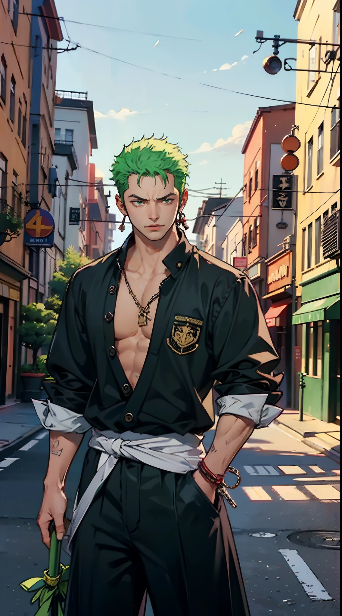 (4k quality),Roronoa (4k quality),Roronoa Zoro, 1 boy, city, ((three swords at the waist)),