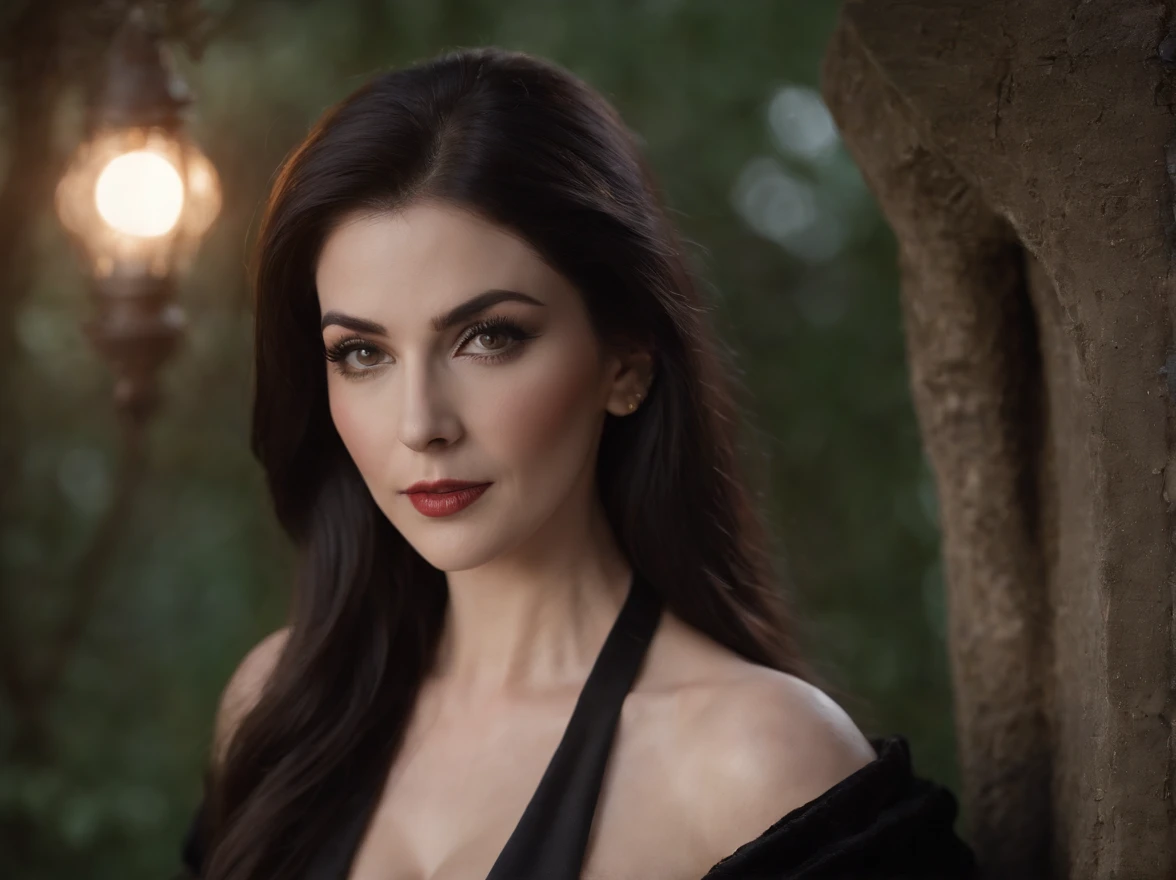 Elvira, Dona das Trevas. ((Beautiful)), ((altamente detalhado)), (corpo esguio),(((busto grande))), peito enorme, large nipple visible, cabelos altos, psychotic smile, 20 anos, corpo inteiro, Wearing a solid long black dress open at the top and cut down the leg, Straight to the eye. foto realista, 8k, Outside by a tree with a bright full moon