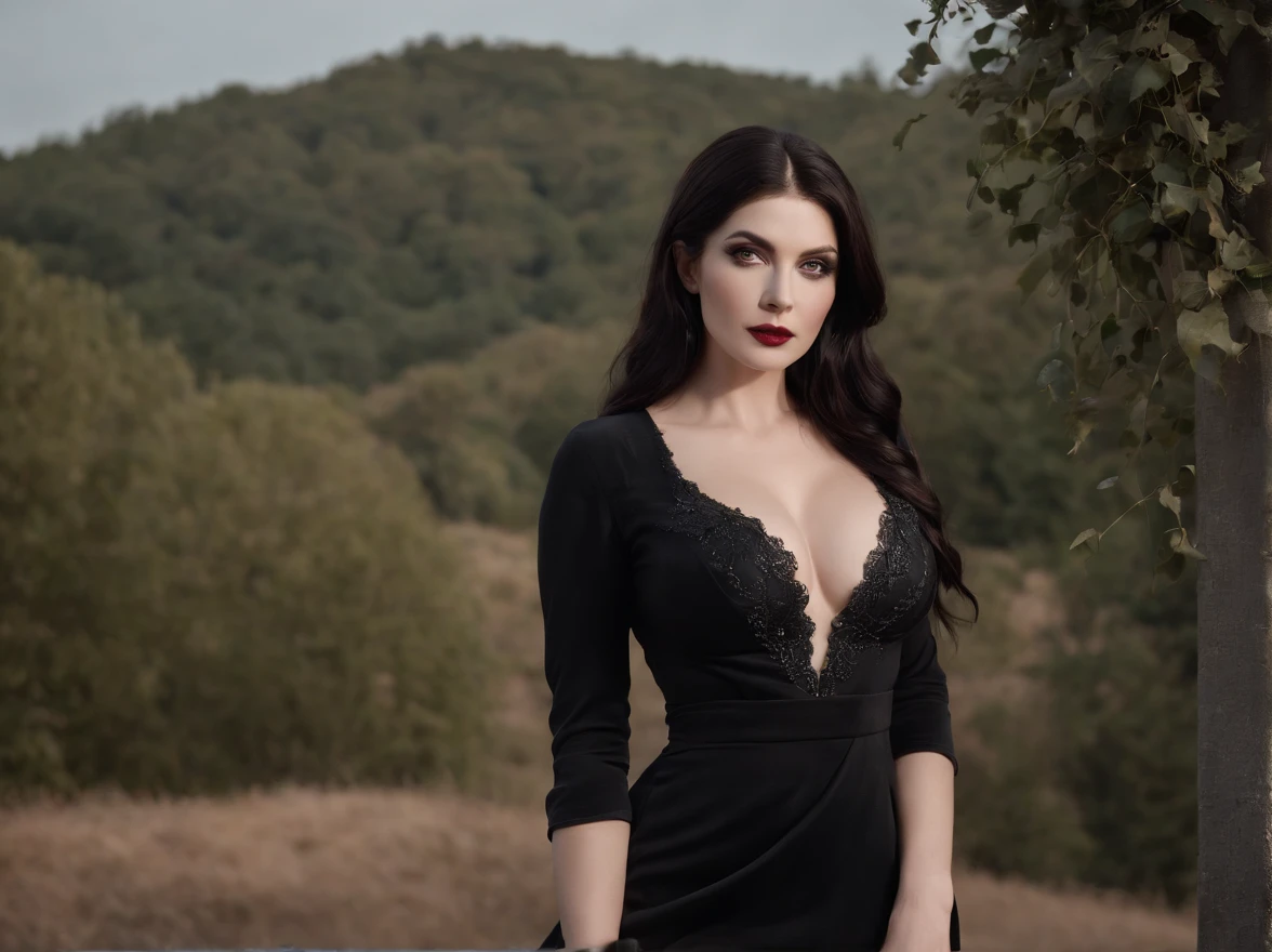 Elvira, Mistress of the Dark. ((beautiful)), ((highly detailed)), (slender body),(((Large bust))), 20 years of age, full body, wearing a solid long black dress open at the top and slit down the leg, straight on view. Photo realistic, 8k, Standing outside by a tree with a full bright moon