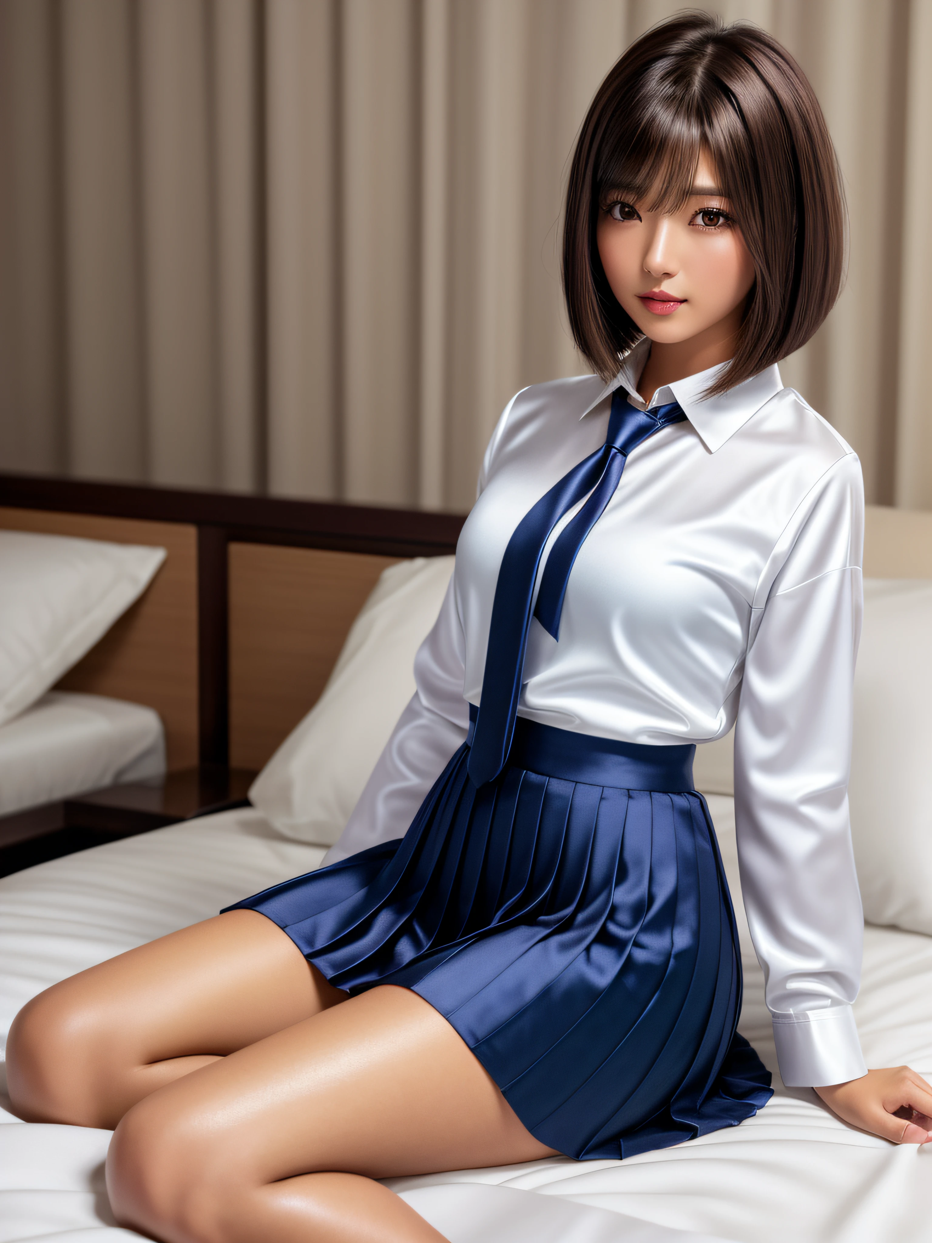 product quality, 1girl, full body shot, front view, a Japanese young pretty woman, medium bob hair, sitting on a luxury silk bed in a luxury hotel room in the night, wearing a long sleeve and white collared silky shirt with shiny satin dark blue plain long tie, wearing a dark blue pleated long skirt, white socks, hyper cute face, glossy lips, double eyelids in both eyes, natural makeup, long eyelashes, shiny smooth light brown medium bob hair, asymmetrical bangs, a tanned skin, central image, high resolution, high detail, detailed hairstyle, detailed face, spectacular cinematic lighting, octane rendering, vibrant, hyper realistic, perfect limbs, perfect anatomy