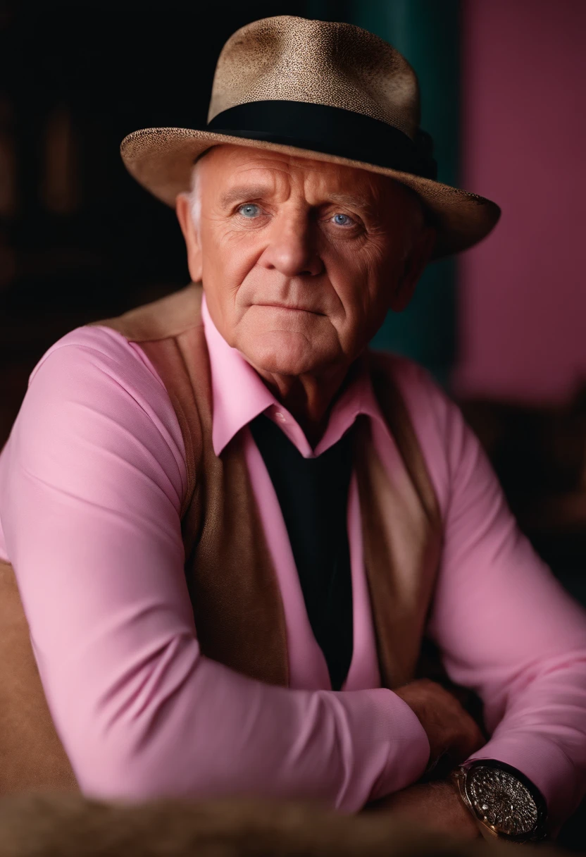 Retrato de um pai que lembra anthony hopkins, de chapeu de leopardo, camiseta do megadeth, sentado em um fusca rosa