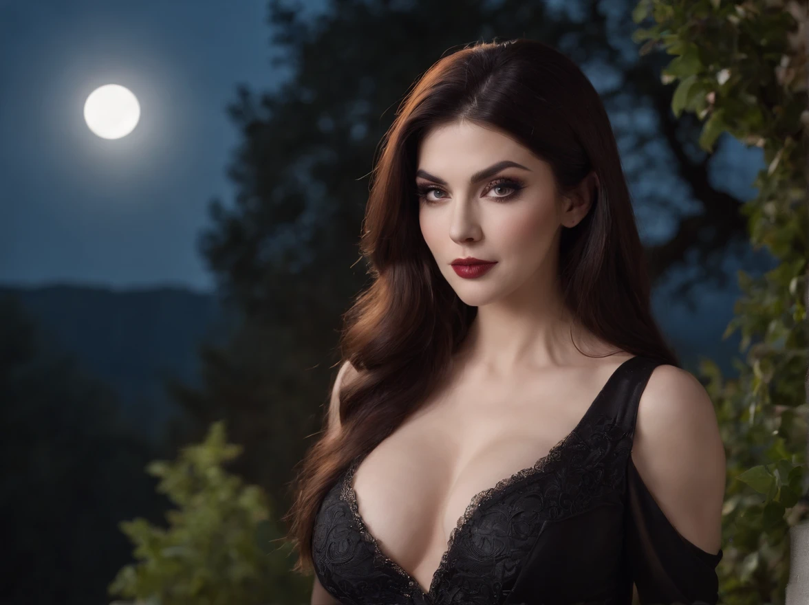 Elvira, Mistress of the Dark. ((beautiful)), ((highly detailed)), (slender body),(((Large bust))), enormous breast, large nipple visible, high hair, psychotic smile, 20 years of age, full body, wearing a solid long black dress open at the top and slit down the leg, straight on view. Photo realistic, 8k, Standing outside by a tree with a full bright moon