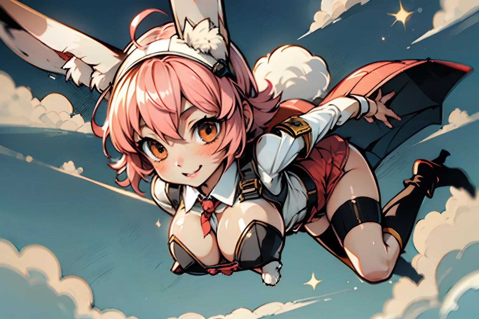 a sticker、masterpiece、top-quality、hight resolution、8K、3d anime、full body Esbian、1 rabbit girl、((Big ears in rabbits))、soldier、Black special forces clothes、Parachute troops、short-hair、A pink-haired、Colossal tits、cleavage of the breast、Jump from an empty helicopter、Falling into the air in the prone position、Descending from the sky、Do skydiving、micromini skirt、A smile、gas masks、Sunlight、Overall bright、