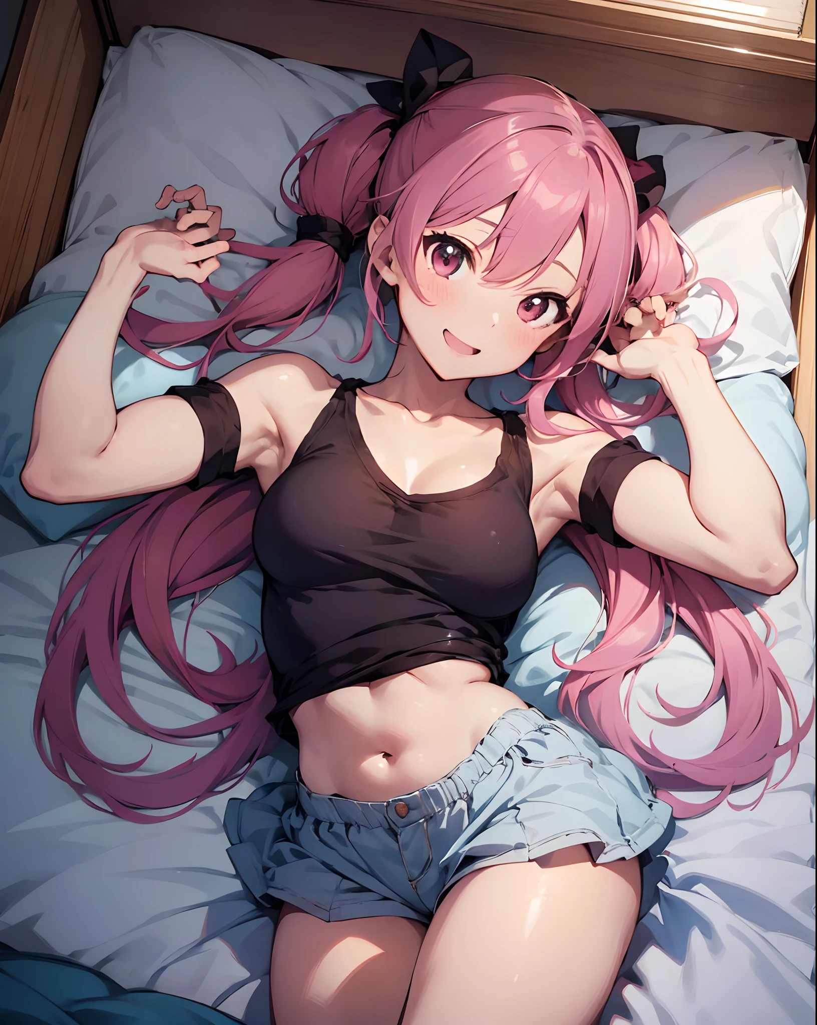 1girl, masterpiece, best quality, ultra-detailed, illustration, beautiful detailed eyes, looking at viewer, spread legs, workout clothes, sweat, huge breasts, cleavage, detailed backround, pink hair, long hair, pink eyes, detailed background, bedroom, plushies in background, twin tails, mature, huge breasts, small horns, evil grin, extremely detailed background, extremely detailed face, extremely detailed clothes, high quality, curvy, plushies in background, white desk in background, girly bedroom, bedroom, pretty bedroom, camel toe