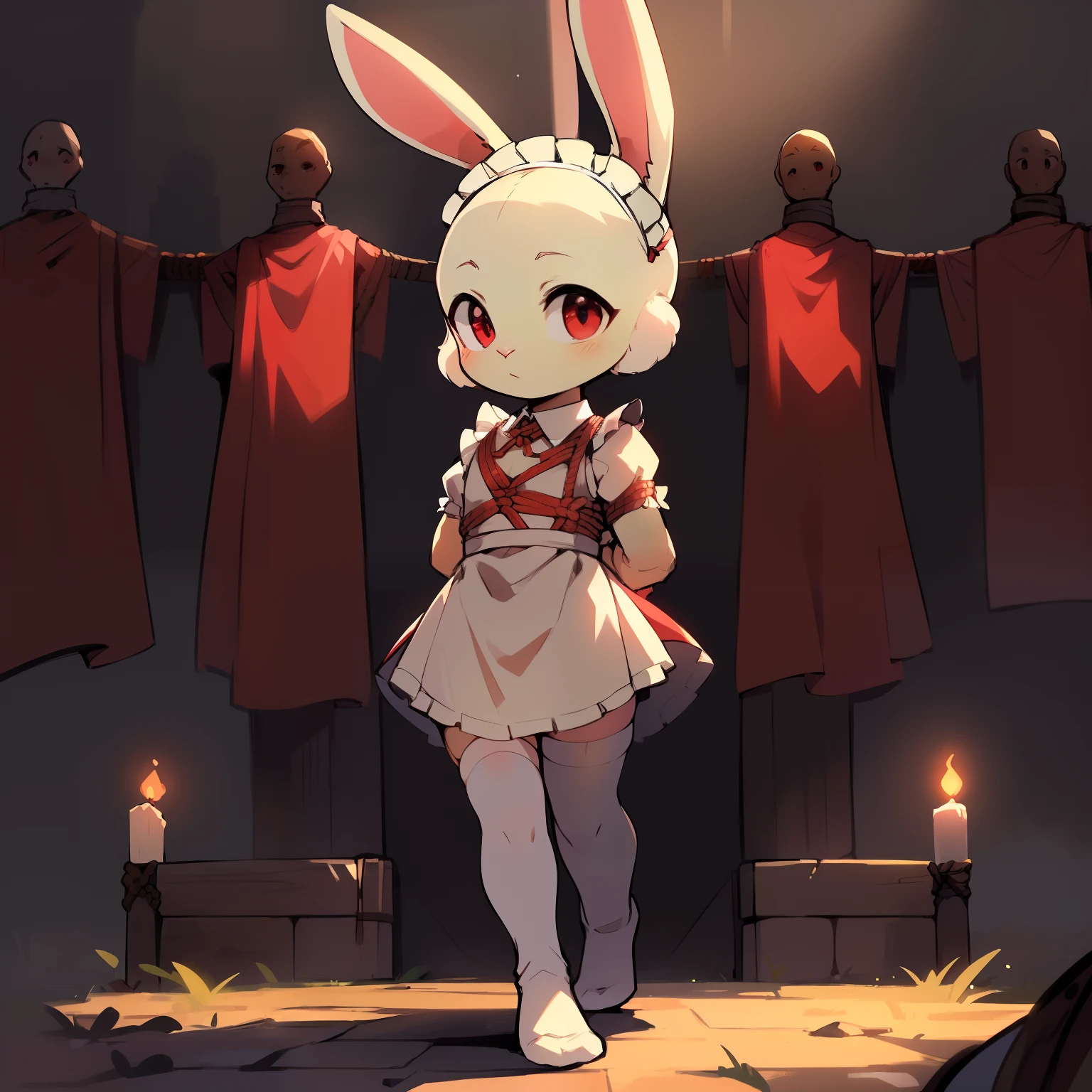 Best quality，Masterpiece，(Cartoony)，solo person，(Maid skirt)，((White_Stockings，White_Knee-length socks，White_Legs))，(Small ****，for 6 years old，Short stature)，((bald-headed，rabbit Facial Features，rabbit Body Features，Pale green body))，((No ears，Rabbit_hor ears))，(Walking forward，Hands behind their backs，Rope binding，Bundled)，red color eyes，bunny tail，Rabbit feet，Medieval execution site background