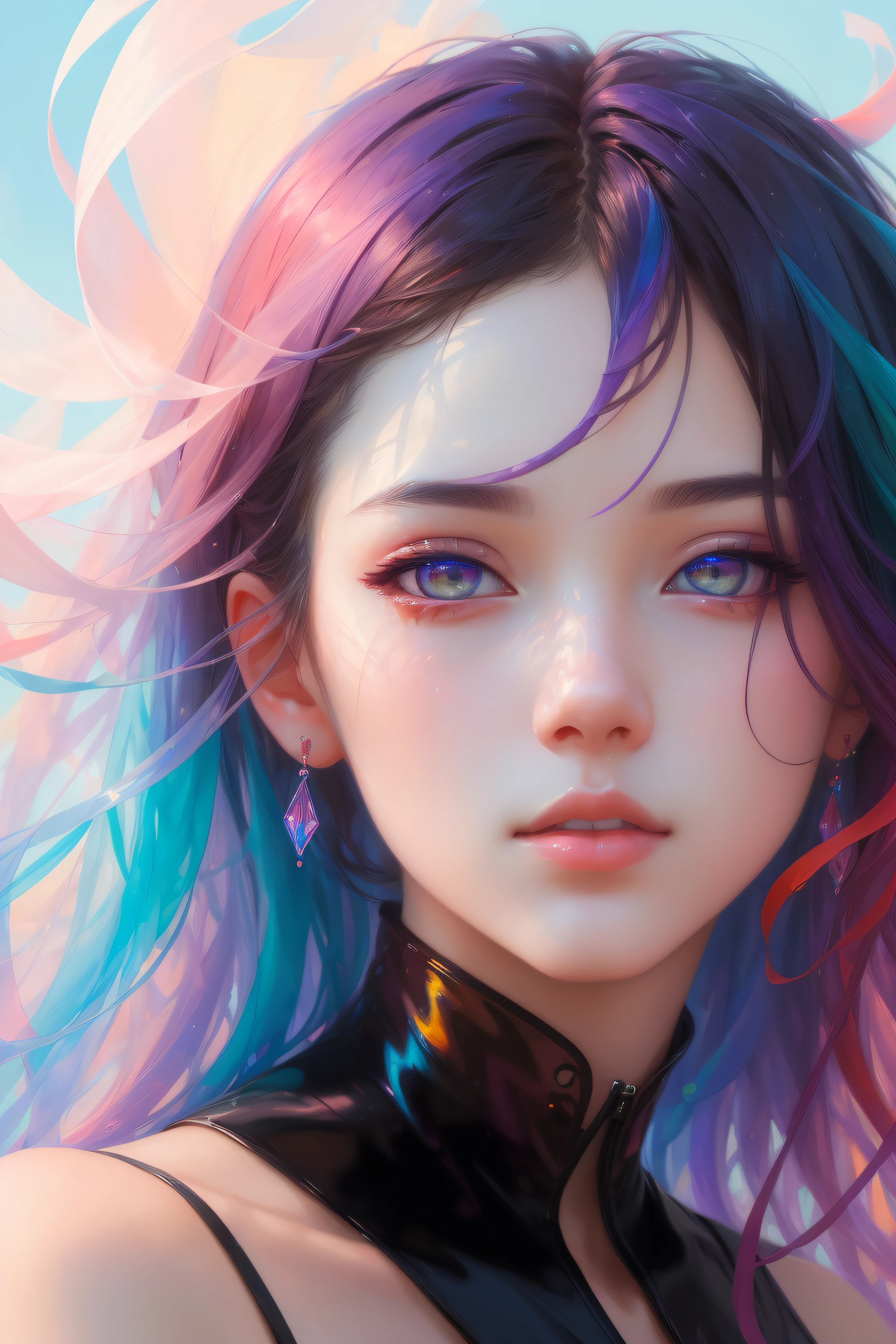 floating female figure made of ribbons, smoke, in the sky, colorful and vibrant, mystical colors, contemporary impressionism, yanjun cheng portrait painting, iridescent painting, profile view, NSFW, cute face, low angle, sweeping circling composition, large beautiful crystal eyes, big irises, UHD, HDR, 8K, (Masterpiece:1. 5), (the most beautiful portrait in the world:1.5)