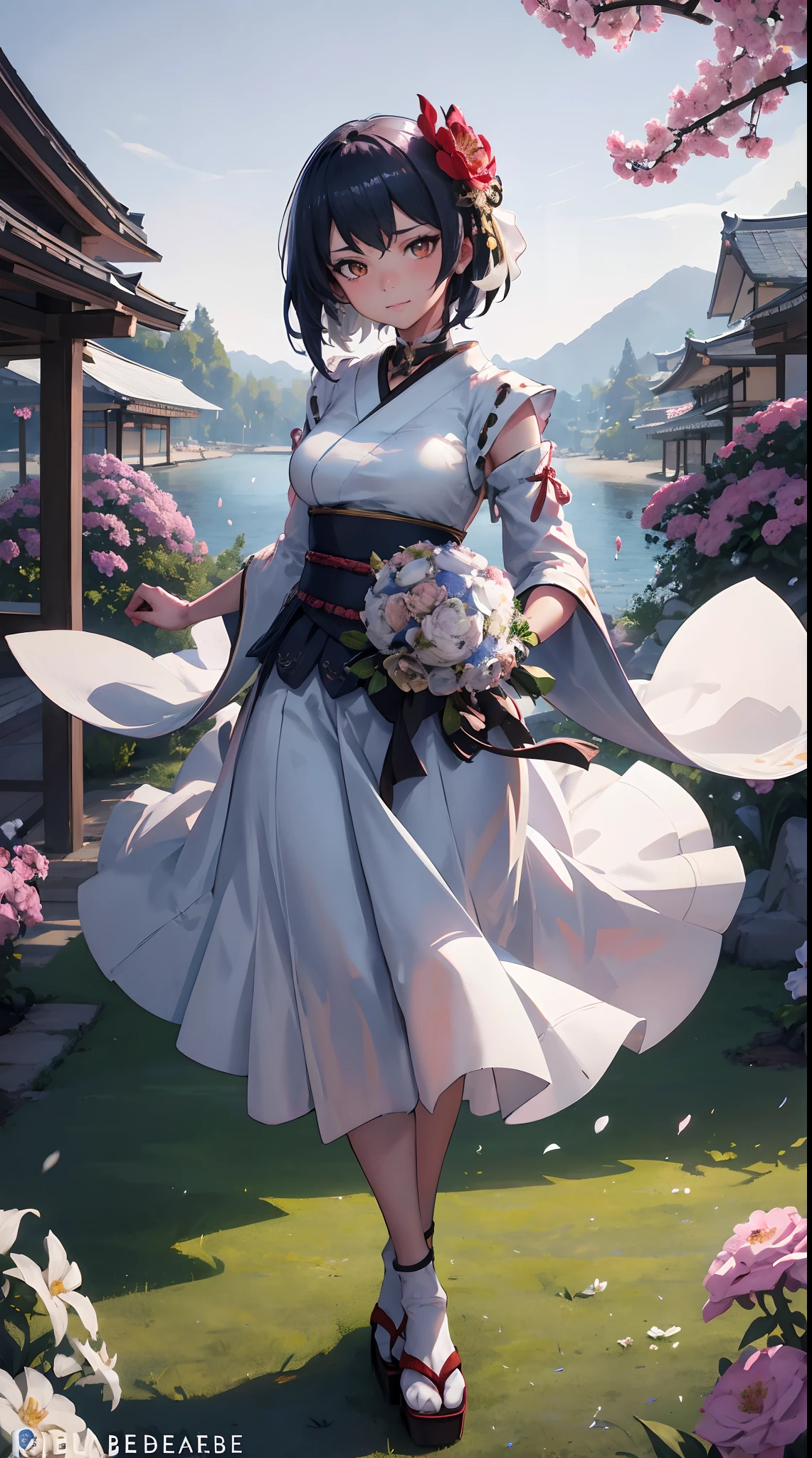 Kujou Sara | genshin impact, master-piece, bestquality, 1girls,25 years old, proportional body, proportional., Japanese Wedding Dresses, White Wedding Dress, Long skirt, Big skirt, wedding,bara, Standing in the middle of a flower garden, outdoor, wedding, The sky is beautiful, Both hands hold a bouquet of flowers................................................................, View viewers from the front., Thigh strap, Head tilt, bored, 10, 10, HD, slight smile,