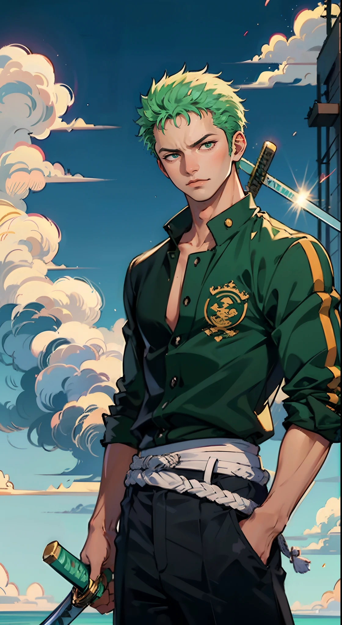 (Qualidade 4k),Roronoa (Qualidade 4k),Roronoa Zoro, 1 menino, Roupa Nike,  blue skies, ((Three swords at the waist)),