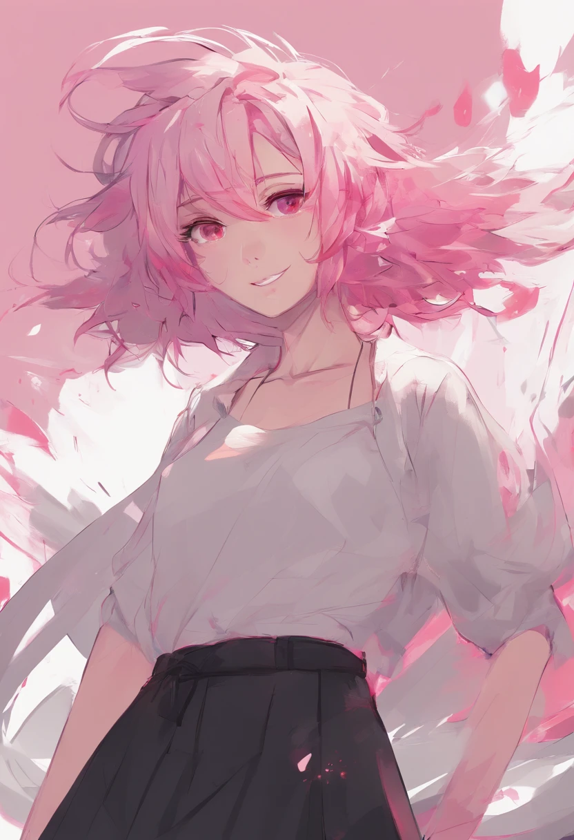 Anime girl smiling, pink hair, messy hair short hair, red eyes, cute face, girlfriend look, white top, black short skirt, sensual pose