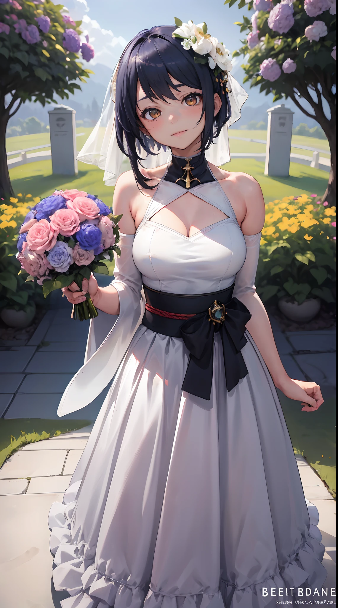 Kujou Sara | genshin impact, master-piece, bestquality, 1girls,25 years old, proportional body, proportional., Japanese Wedding Dresses, White Wedding Dress, Long skirt, Big skirt, wedding,bara, Standing in the middle of a flower garden, outdoor, wedding, The sky is beautiful, Both hands hold a bouquet of flowers................................................................., View viewers from the front., Thigh strap, Head tilt, bored, 10, 10, HD, slight smile,