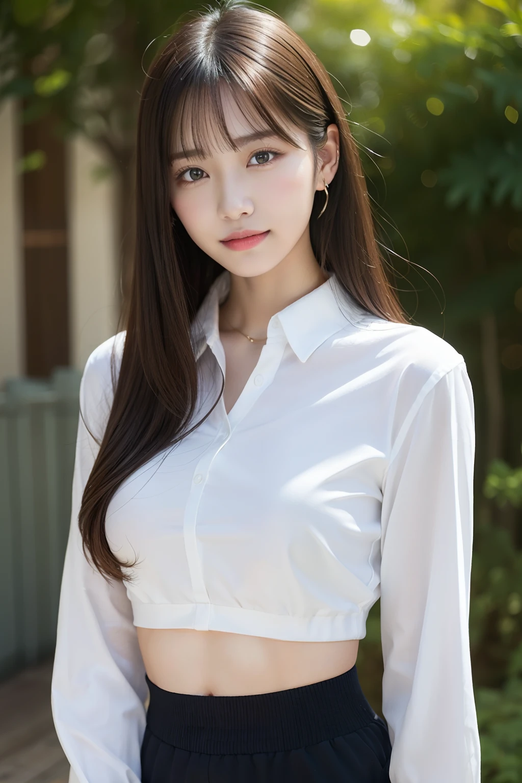 Top image quality、​masterpiece、超A high resolution、Raw photography、(Photorealsitic:1.4)、1girll、A detailed face、cowboy  shot、(White shirt with blue collar、Black sweatpants) (big breasts thin waist:1.2)、Long messy hair、Bokeh、beautiful  lighting、model poses、韓国アイドル、age19、tiny chest、（a smile)、