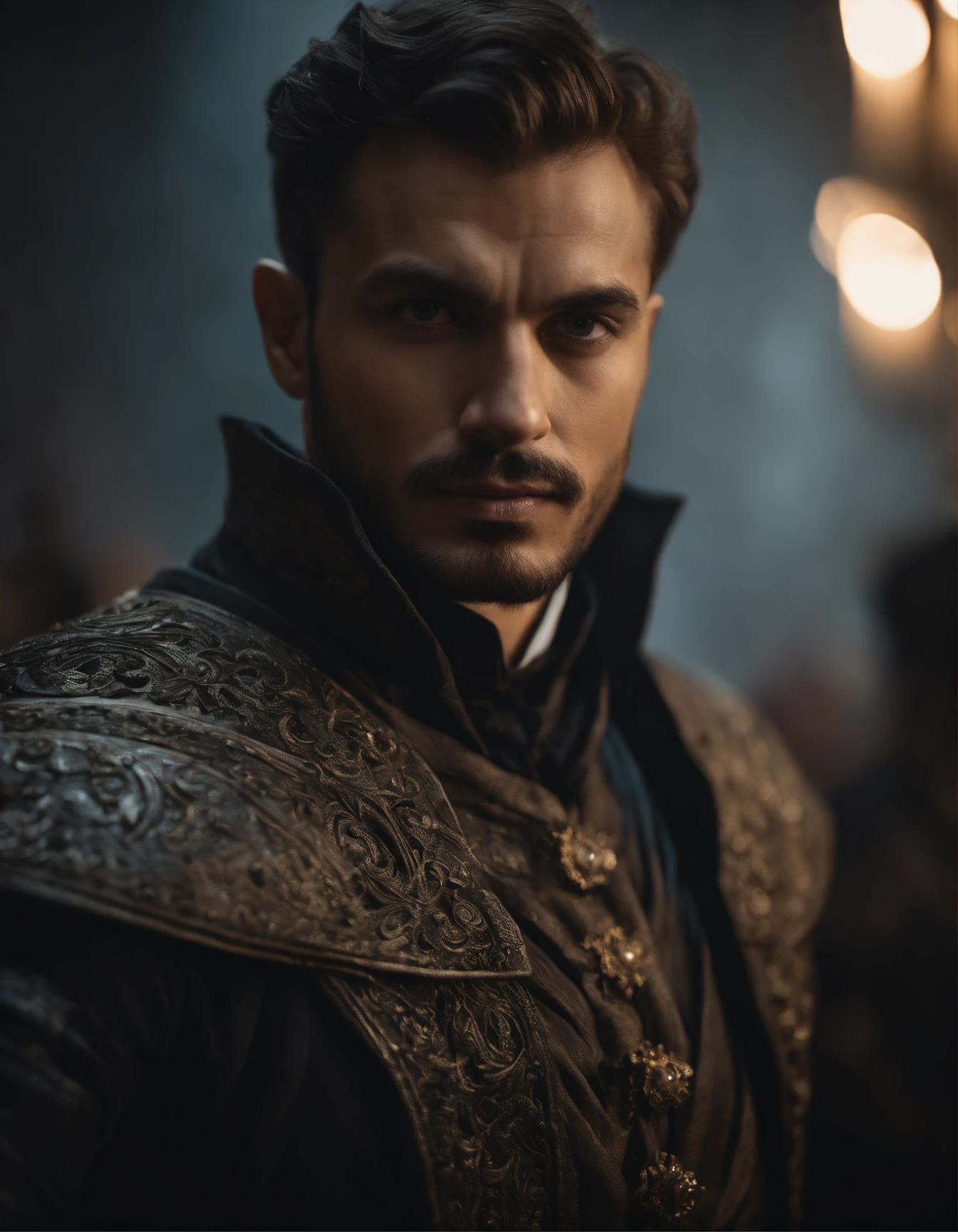 Cinematic portrait, ((upper body)), facing the audience, (Reality :1.3), the world's most beautiful artwork photo, a man looking into the camera, Gothic costume, detailed beautiful face, action shot, (Intricate :1.4), simple background, global lighting, photorealistic, CG, Art Station