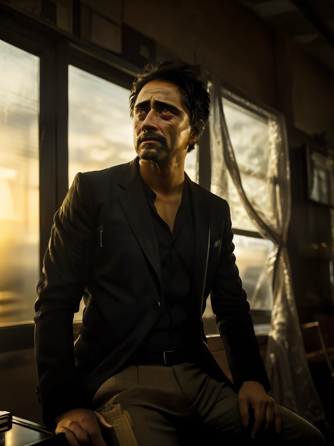 A crying man with tears in his eyes (Sitting in a trendy bar at sunset), muito detalhado, 40 anos, Rosto abatido, e com tristeza marcante cabelos naturalmente ondulados, eyes with tears, alta resolução, obra-prima, melhor qulaity, Detalhes intrincados, muito detalhado, foco nítido, Pele detalhada, texturaa de pele realista, textura, Olhos detalhados, Profissional, 4k, expression of sadness, tirada com Canon, 85 millimeters, Profundidade de campo leve, Cor Kodak Vision, Corpo perfeitamente ajustado, Extremamente detalhado, fotografia_\(Ultra\), fotoRealistisch, Realistisch, Post-processing, maximum details, Rugosidade, vida real, Ultrarrealista, fotografiarrealismo, fotografiagrafia, 8k UHD, fotografiagrafia