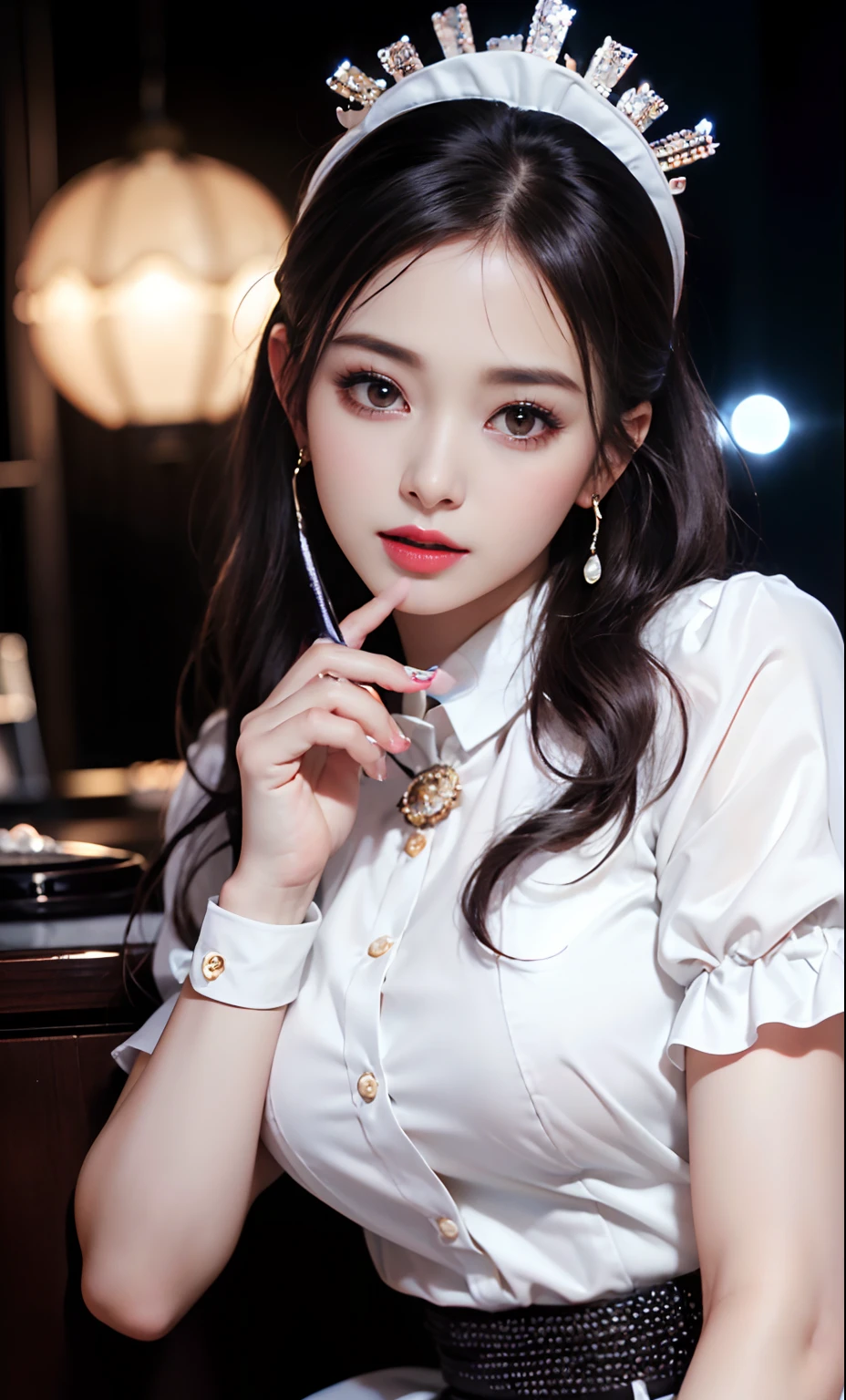 (8k, RAW photos, photorealistic: 1.25), (lip gloss, eyelashes, shiny face, shiny skin, top quality, ultra high resolution, depth of field, chromatic aberration, caustics, broadlighting, natural shading, kpop idol) Gentle, goddessy happiness watching viewer, (dark maid:1.2), miniskirt