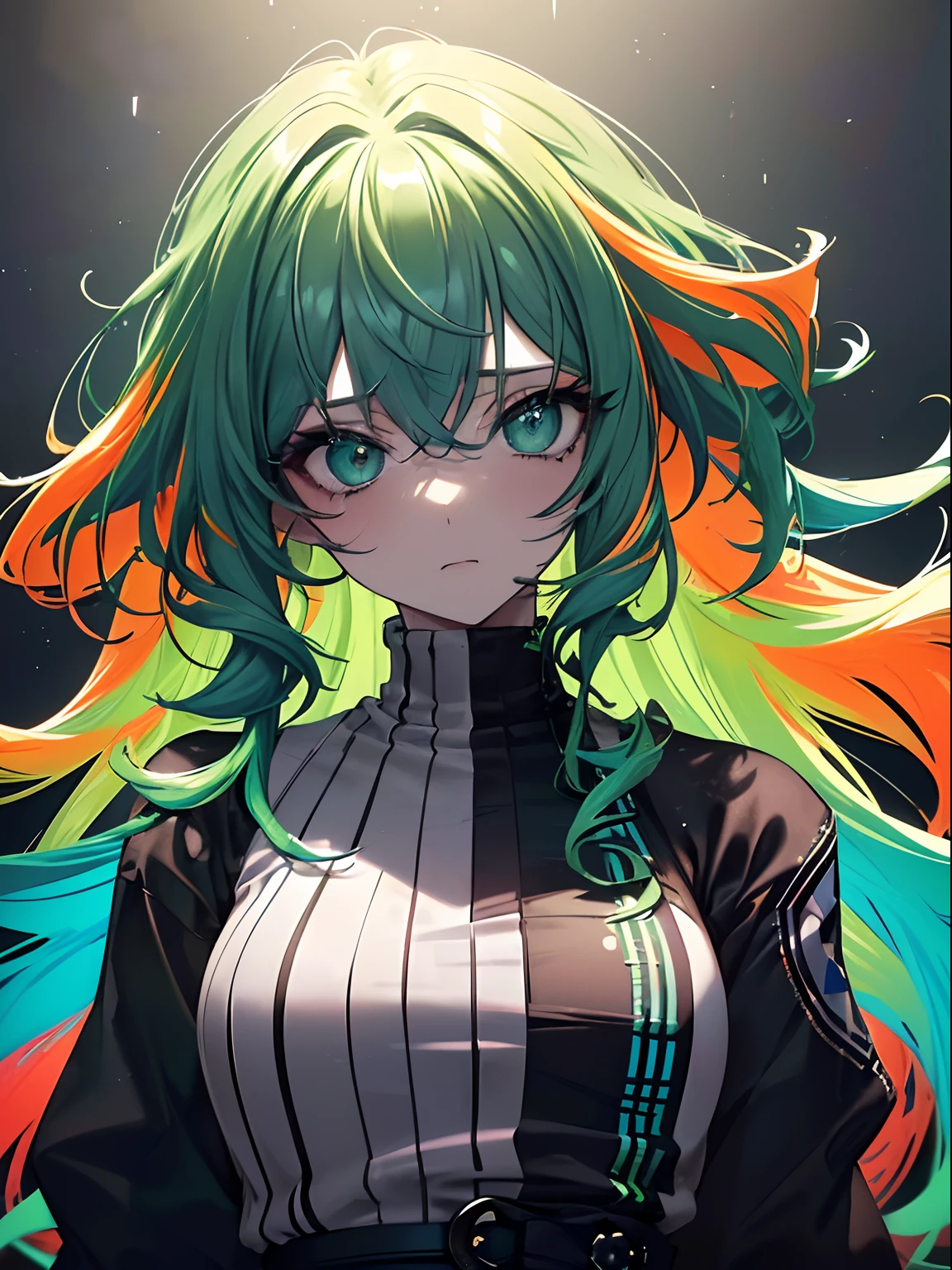 (masterpiece,best quality,ultra-detailed),1girl,(multicolored hair,green blue orange hair,green hair,vibrant colors hair),beautiful and detailed face, detailed eyes,looking at viewer,((grey theme),((depression, sadness, melancholy theme)),rock punk fashion,rock punk hairstyle,(foreground),very long hair,mane,curly hair,