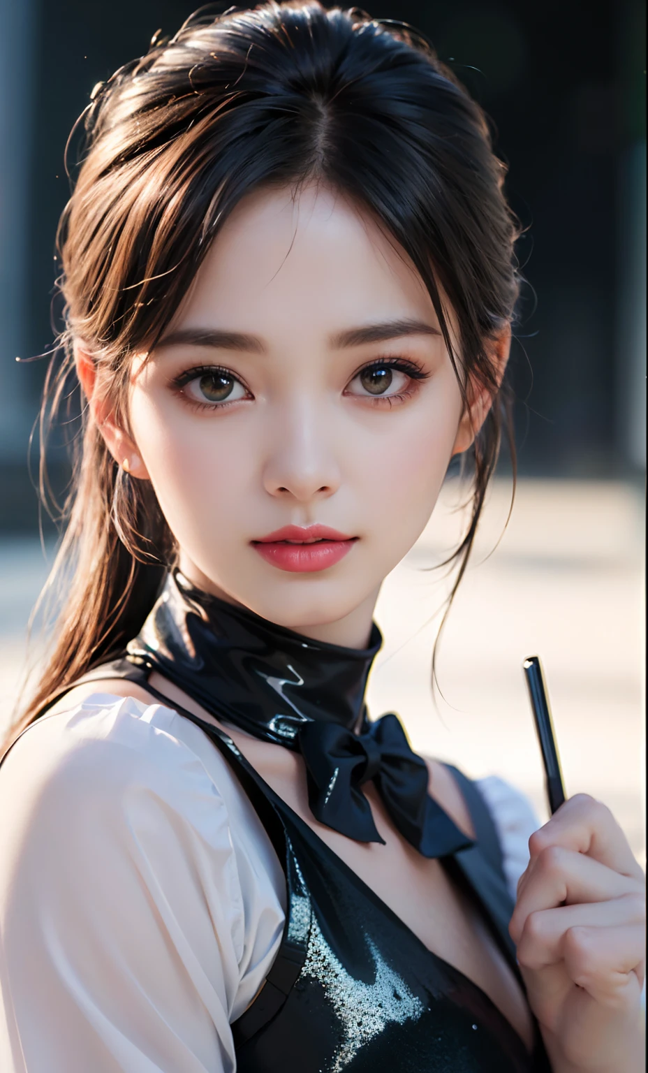 (8k, RAW photos, photorealistic: 1.25), (lip gloss, eyelashes, shiny face, shiny skin, top quality, ultra high resolution, depth of field, chromatic aberration, caustics, broadlighting, natural shading, kpop idol) Gentle, goddessy happiness watching viewer, (dark maid:1.2), miniskirt