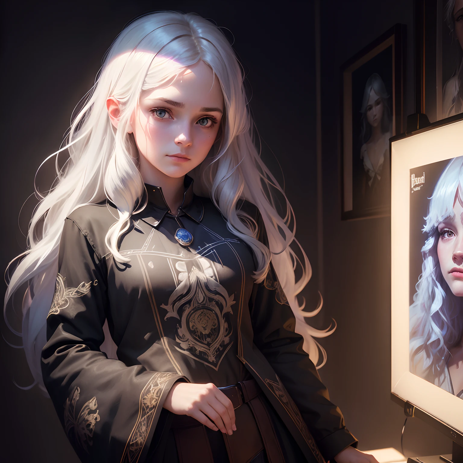 (Front Focus),(In the Dark:1.6), Hyperrealist portrait of female by david hockney and alphonse mucha,Fantasy Art, photographrealistic, Dynamic lighting, art stations, poster for, Volumetric lighting, extra detailed face, 4 k, awardwinning,, 1girl in, In the Dark, deepshadow, lowkey,Cowboy Shot,(official clothing:1.4) ,Long hair,White hair,