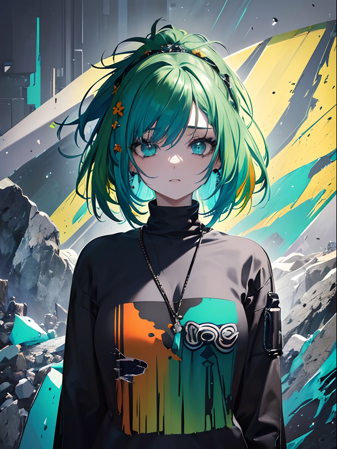 (masterpiece,best quality,ultra-detailed),1girl,(multicolored hair,green blue orange hair,green hair,vibrant colors hair),beautiful and detailed face, detailed eyes,looking at viewer,((grey theme),((depression, sadness, melancholy theme)),rock punk fashion,rock punk hairstyle,(foreground),
