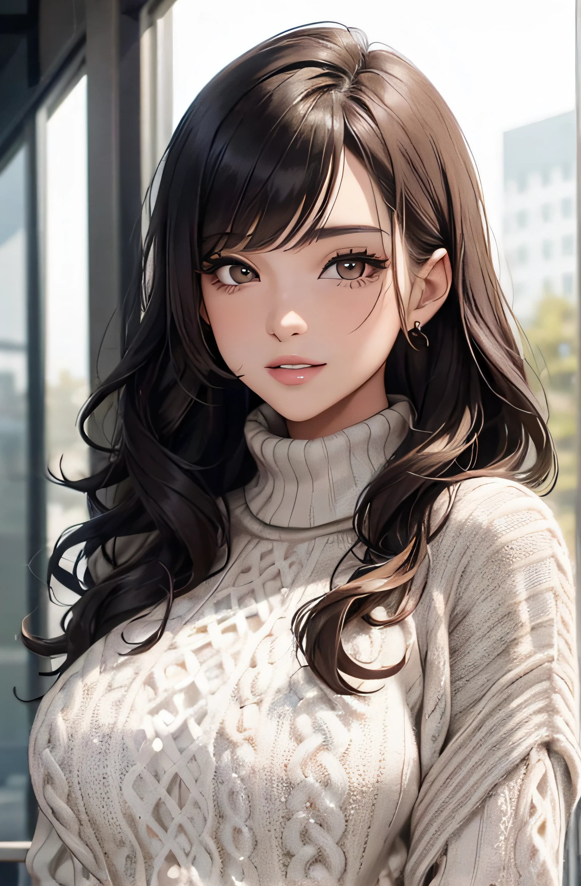 (A photo of the upper body), Beautiful face, Highly detailed face and skin texture, (Detailed eyes), Brown eyes, Double eyelids, Thin eyebrows, Glitter eyeliner: 1.2, Natural cheeks, Shiny skin, Light skin, (((with sweater or shirt))), (Shiny lips: 1. 4), (Seductive smile), (20 years old), (Wavy hair, Diagonal bangs), long mid hair, ((Upper body shot)), ((Focus on chest and face)), Medium large breasts, Upturned breasts.