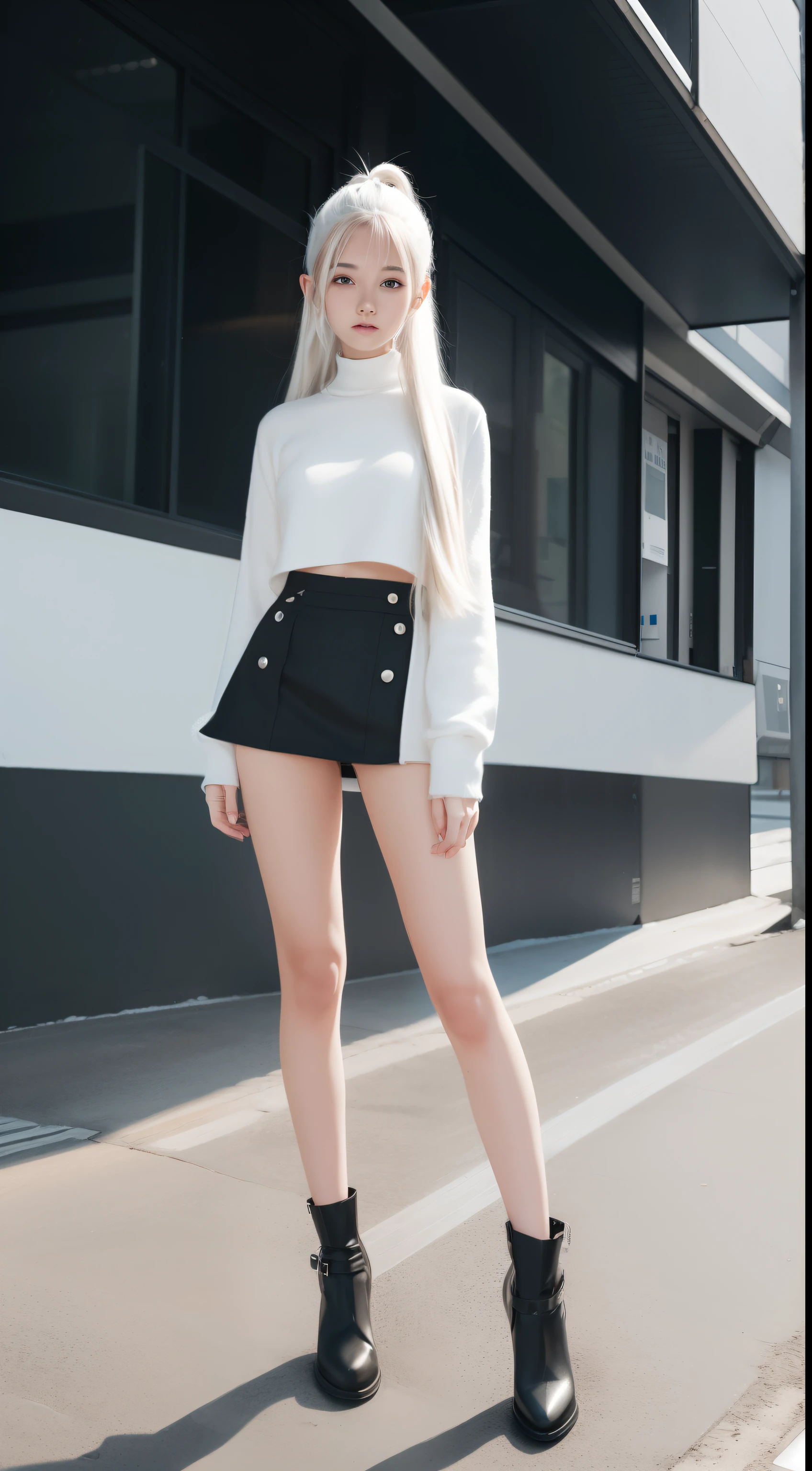 A world of only white, Black and gray(Futuristic Nordic city),20 years girl,masutepiece , Best Quality,The best illustrations(Soft texture),Nahida(GenshinImpact) ,very slender body,tiny chest,Skinny Legs,Long hair ,Side Ponytail, Hair Ornament ,Street,White hair , White hair , hand behind head:1.5,multicolored hair, elf ,Skinny Legs,smil,Tsundere,