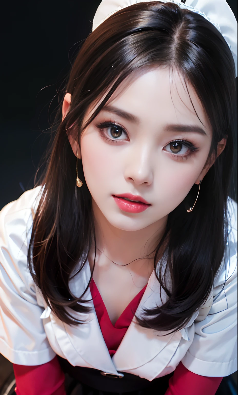 (8k, RAW photos, photorealistic: 1.25), (lip gloss, eyelashes, shiny face, shiny skin, top quality, ultra high resolution, depth of field, chromatic aberration, caustics, broadlighting, natural shading, kpop idol) Gentle, goddessy happiness watching viewer, (dark maid:1.2), miniskirt