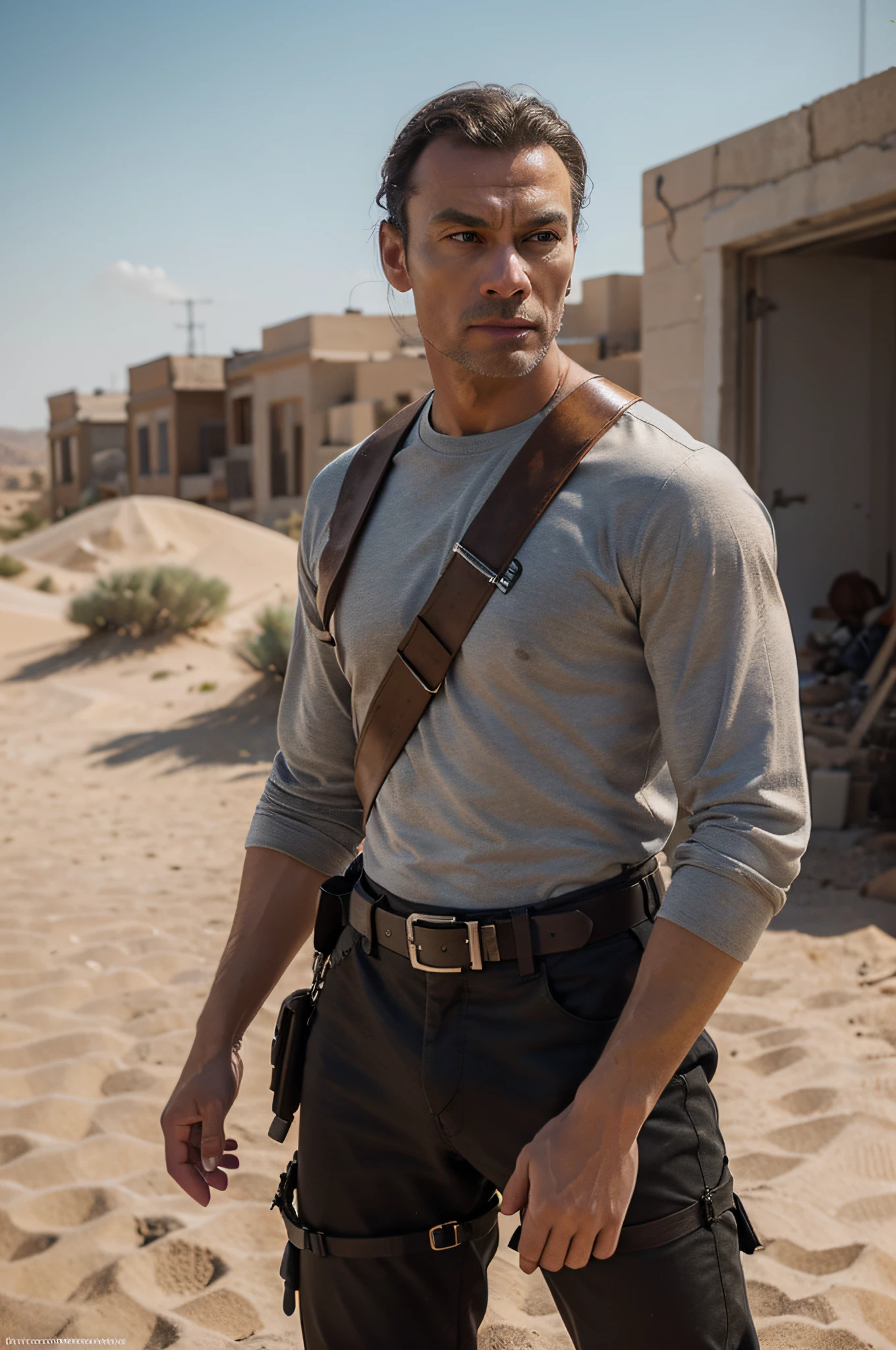 French legionary sand colored uniform with sea blue details, looks like young Jean-Claude Van Damme, ammunition belts, holds a rifle, Highly detailed hand, Background image, burning desert city, ultra realistic, Ultra detailed , hyper realistic, 4k, ultra detailed image, realistic, highly detailed, perfect composition, beautiful, intricately detailed, incredibly detailed, 8k art photography, hyper detailed, masterpiece