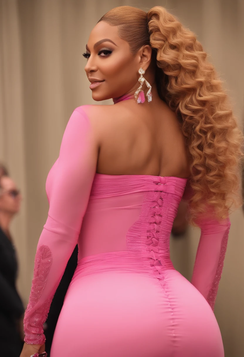 Beyonce, big, booty, nicki minaj body, with pink dress, thick ass, pink wig, big titties, nipples, stare, pretty face, Beyoncé faces, beautiful face, beyonce