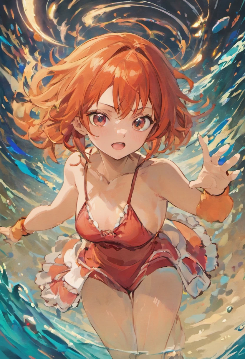 Nami(red hair,browneyes),Luffy(swirlyhat,rubber powers),beautiful detailed eyes,beautiful detailed lips,detailed face and body,serious expression,anime medium,livelyposes and actions,tropical islandbackground,vivid colors,highres,sharp focus,portraits lighting.