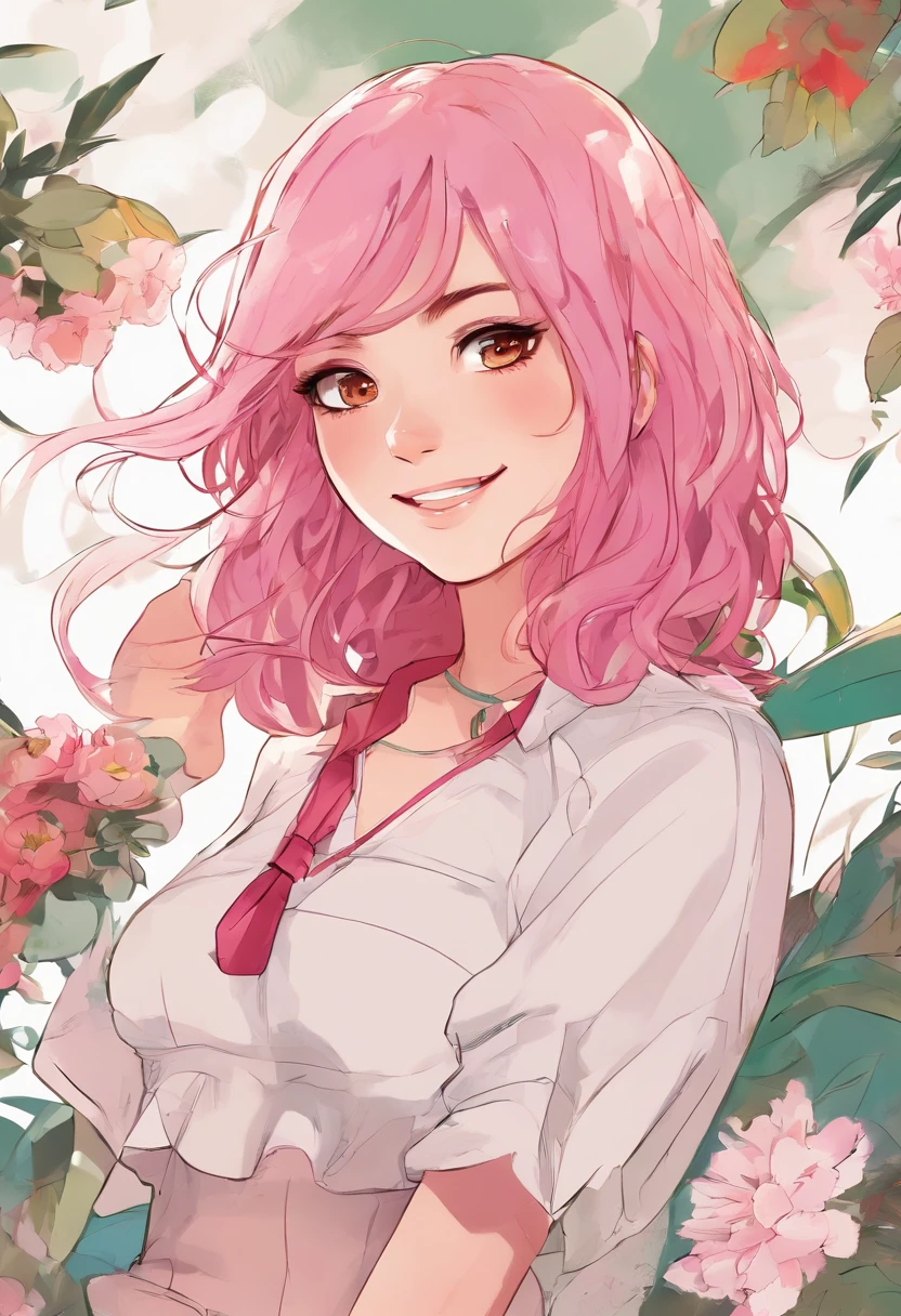 Anime girl smiling, pink hair, messy hair, short hair, red eyes, cute face, girlfriend look, white top, black short skirt, sensual pose, short stature