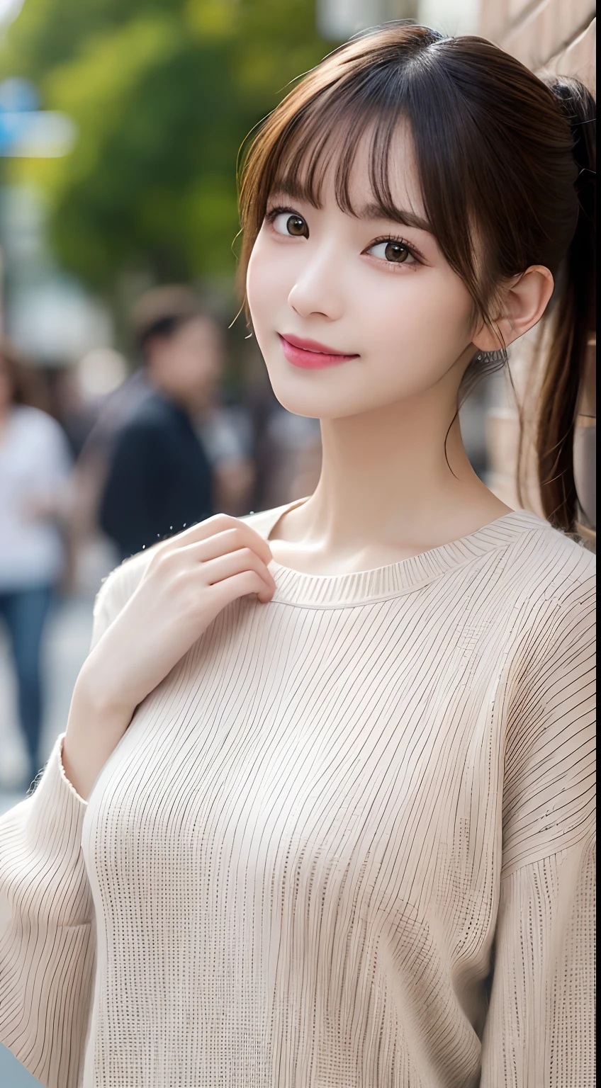 masutepiece, Best Quality, Illustration, Ultra-detailed, finely detail, hight resolution, 8K Wallpaper, Perfect dynamic composition, Beautiful detailed eyes, Women's Fashion Summer,Ponytail hair,Small breasts natural color lip, Bold sexy poses,Smile,Harajuku、20 years girl、Cute、Sexy shot looking at camera、Knitted sweaters