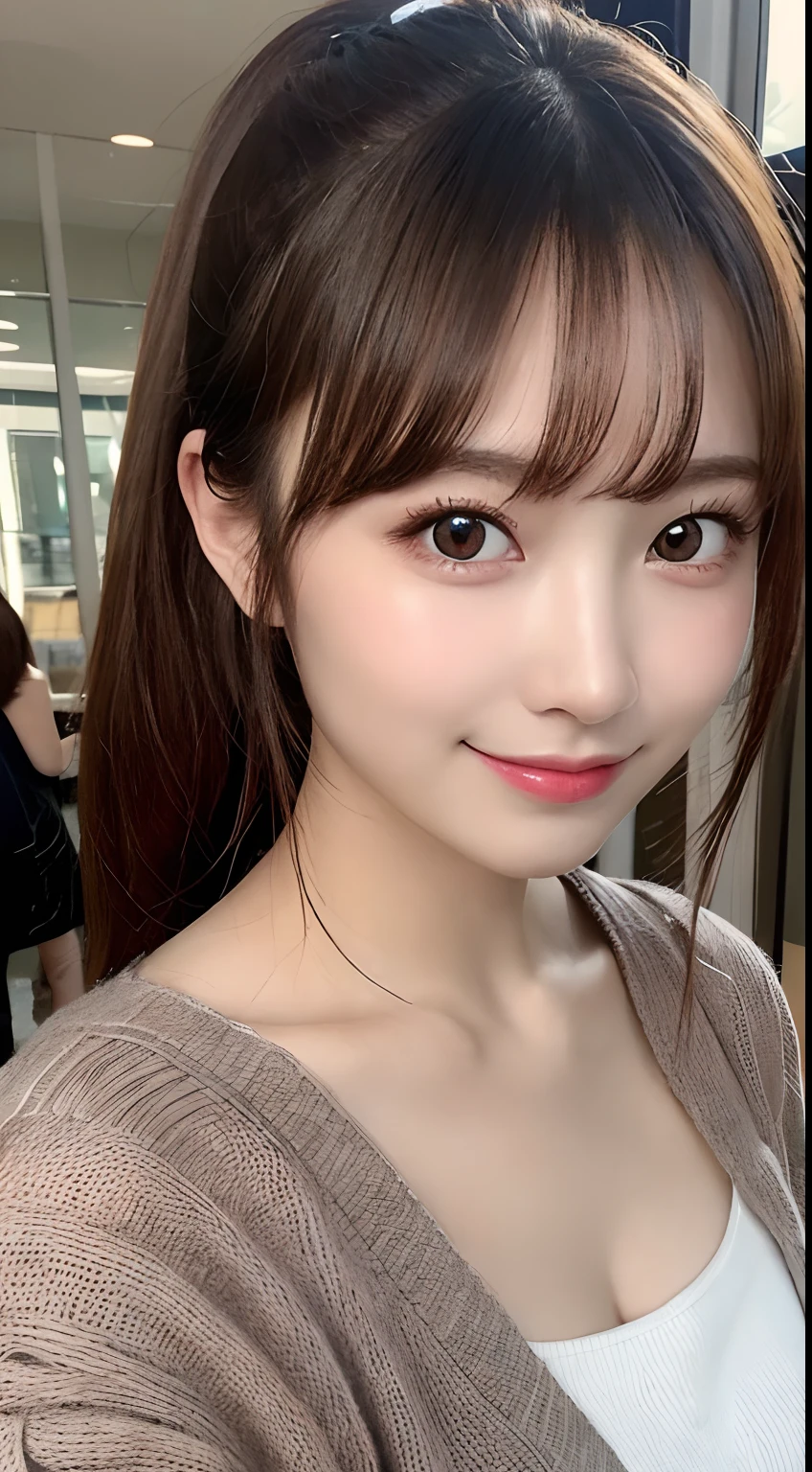 brown hair, hair over shoulder, ponytail, grin, blush, Surrealism, Hyperrealism, Verism, wide shot, UHD, masterpiece, ccurate, anatomically correct, textured skin, super detail, high details, high quality, highres, 1080P, HD, 8k