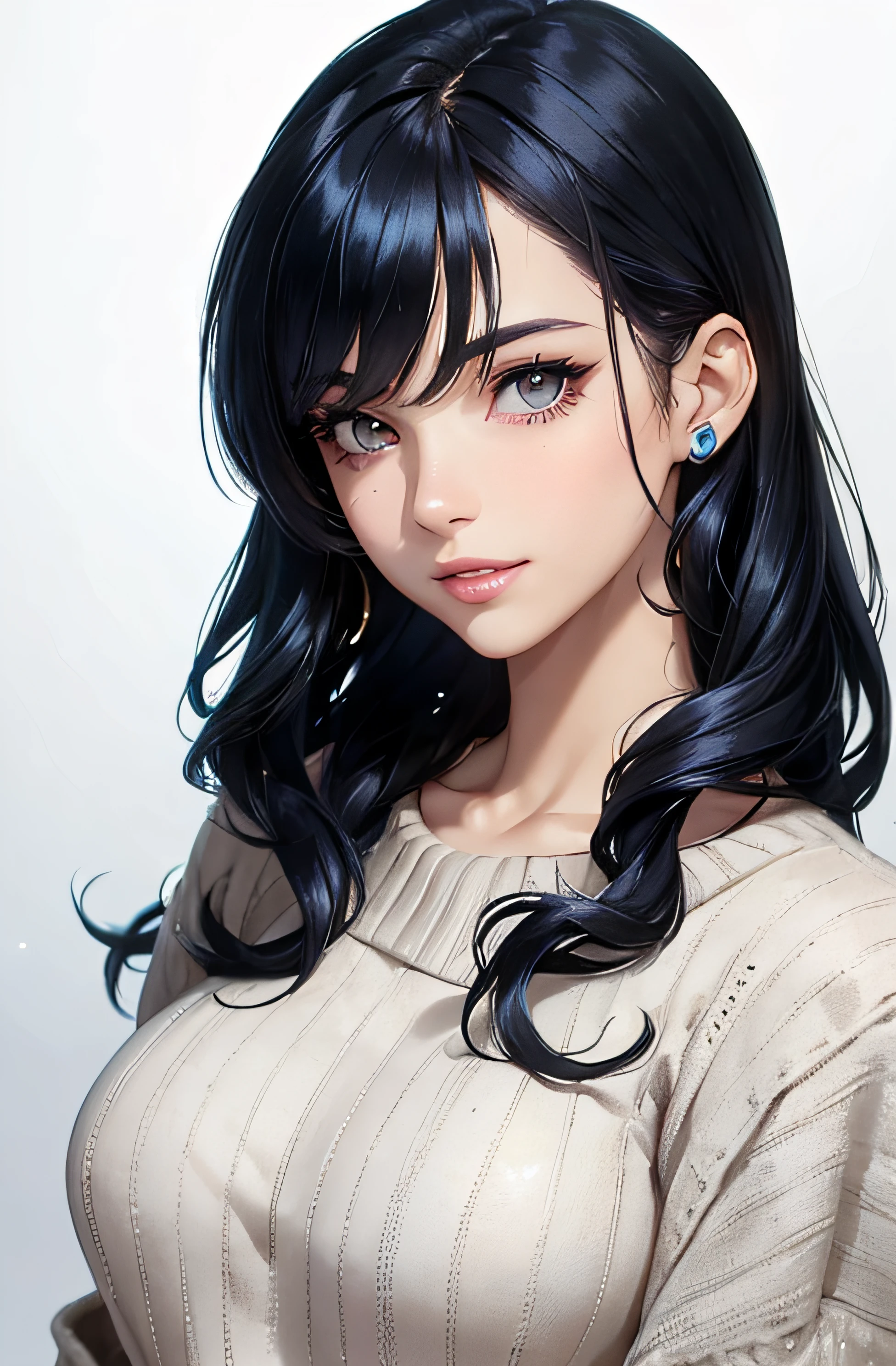 (A photo of upper body), Beautiful face, Highly detailed face and skin texture, (Detailed eyes), Brown eyes, Double eyelids, Thin eyebrows, Glitter eyeliner: 1.2, Natural cheeks, Shiny skin, Fair skin, (((with sweater or shirt))), (Shiny lips: 1. 4), (Seductive smile), (20 years old), (Wavy hair, Diagonal bangs), ((black and blue hair)),long mid hair, ((Upper body shot)), ((Focus on chest and face)), Medium large breasts, Upturned breasts.