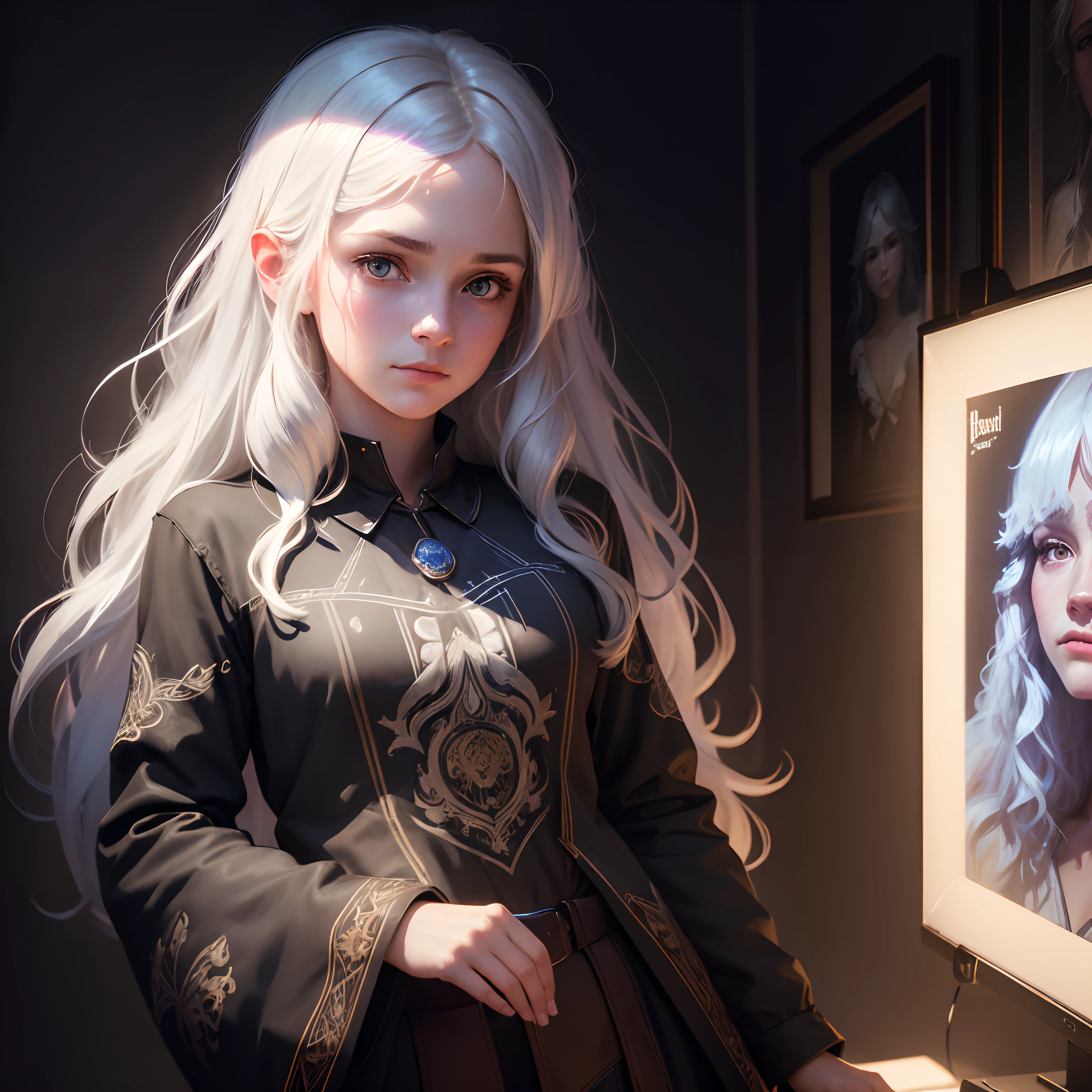 (Front Focus),(In the Dark:1.6), Hyperrealist portrait of female by david hockney and alphonse mucha,Fantasy Art, photographrealistic, Dynamic lighting, art stations, poster for, Volumetric lighting, extra detailed face, 4 k, awardwinning,, 1girl in, In the Dark, deepshadow, lowkey,Cowboy Shot,(official clothing:1.4) ,Long hair,White hair,