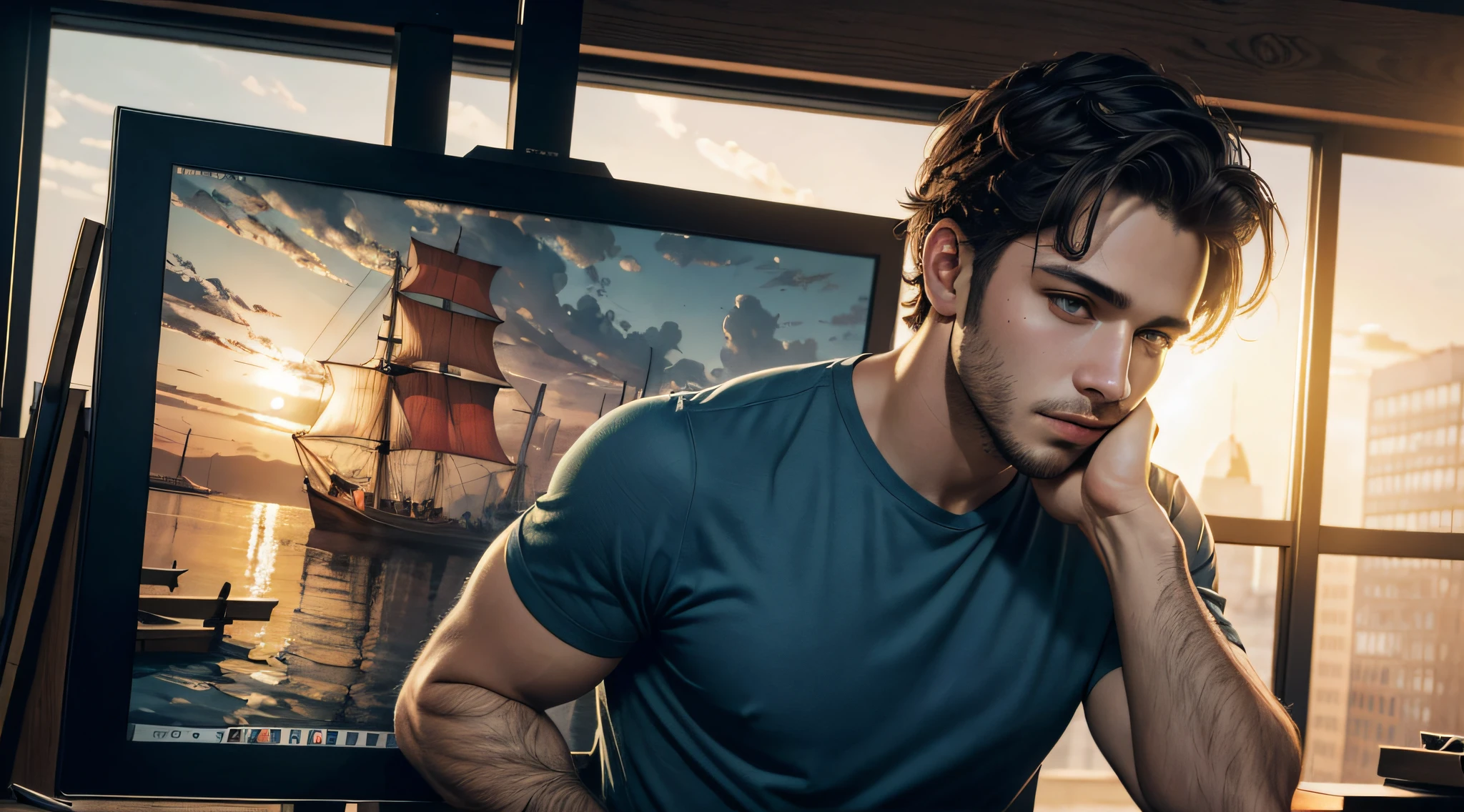 A YOUNG MAN WORKING HARD.((masterpiece)), ((best quality))), ((ultra-detailed)), UHD, 8K, ((high resolution))), ((illustration)), ((realistic)),
