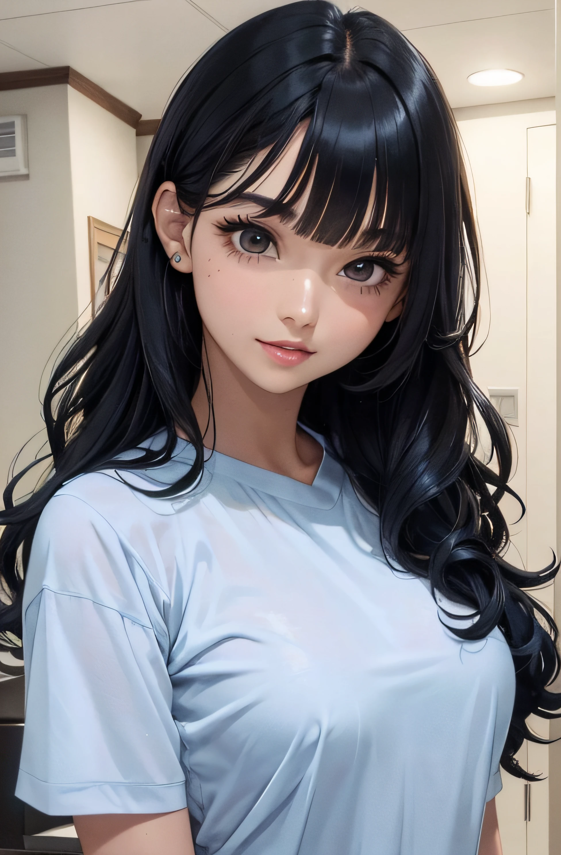 (A photo of upper body), Beautiful face, Highly detailed face and skin texture, (Detailed eyes), Brown eyes, Double eyelids, Thin eyebrows, Glitter eyeliner: 1.2, Natural cheeks, Shiny skin, Fair skin, (((with shirt))), (Shiny lips: 1. 4), (Seductive smile), (20 years old), (Wavy hair, Diagonal bangs), ((black and blue hair)),long mid hair, ((Upper body shot)), ((Focus on chest and face)), Medium large breasts, Upturned breasts.