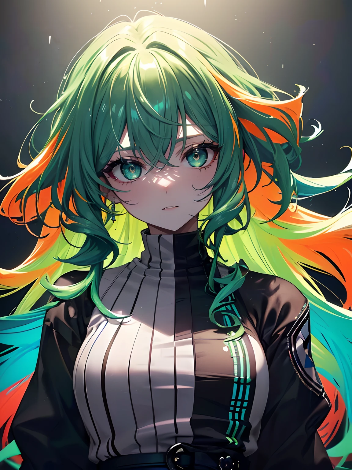 (masterpiece,best quality,ultra-detailed),1girl,(multicolored hair,green blue orange hair,green hair,vibrant colors hair),beautiful and detailed face, detailed eyes,looking at viewer,((grey theme),((depression, sadness, melancholy theme)),rock punk fashion,rock punk hairstyle,(foreground),very long hair,mane,curly hair,