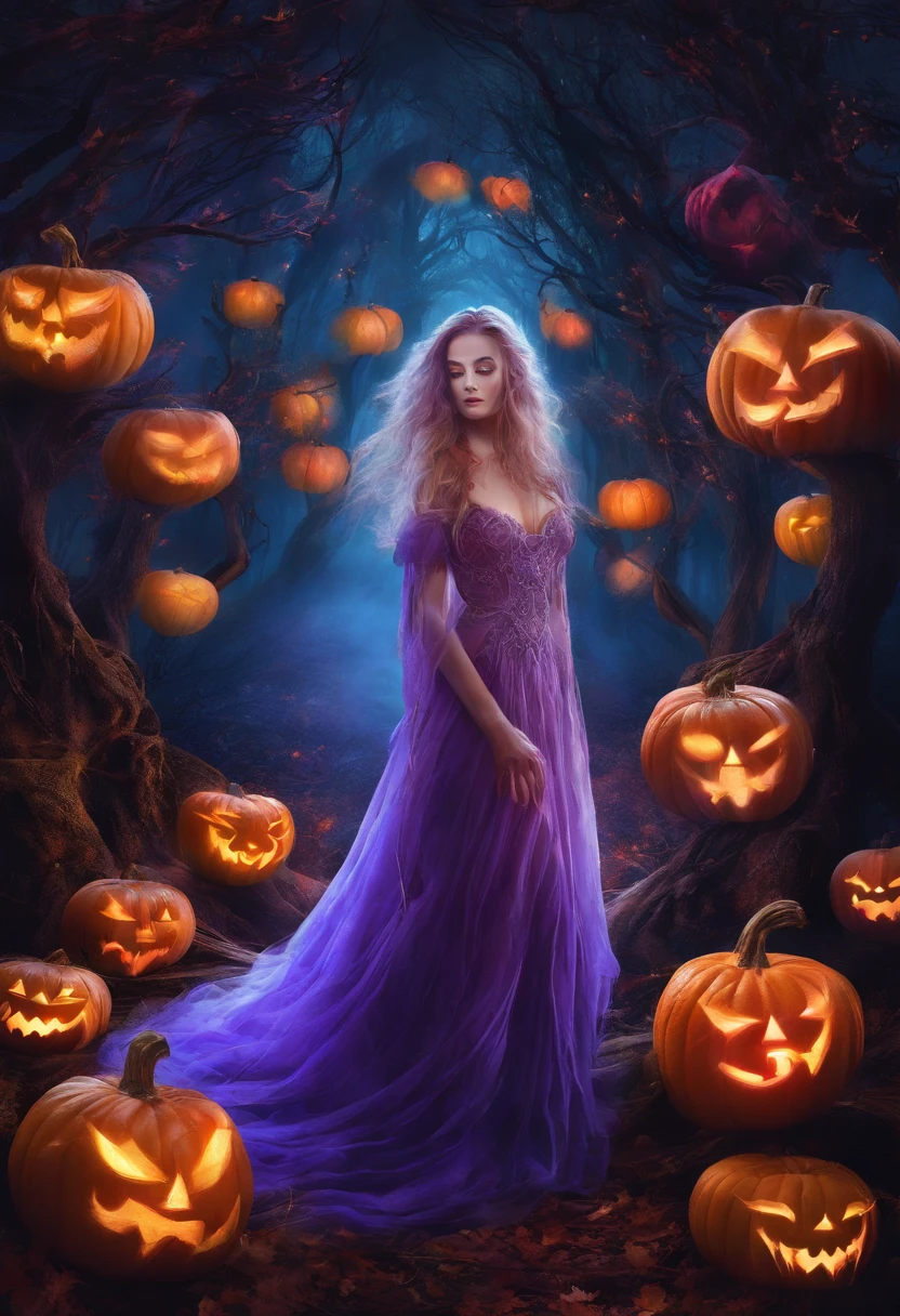 "(best quality, highres, ultra-detailed), The goddess of Halloween casting mystical glowing spells in a haunted forest, orange and purple hues, portraits, vivid colors, extreme detail description, sharp focus, physically-based rendering, studio lighting, horror, witch, magical, eerie atmosphere, swirling fog, ethereal glow, ancient trees, twisted branches, glowing pumpkins, moonlit sky, mysterious shadows, spellbinding, enchanting, hauntingly beautiful"