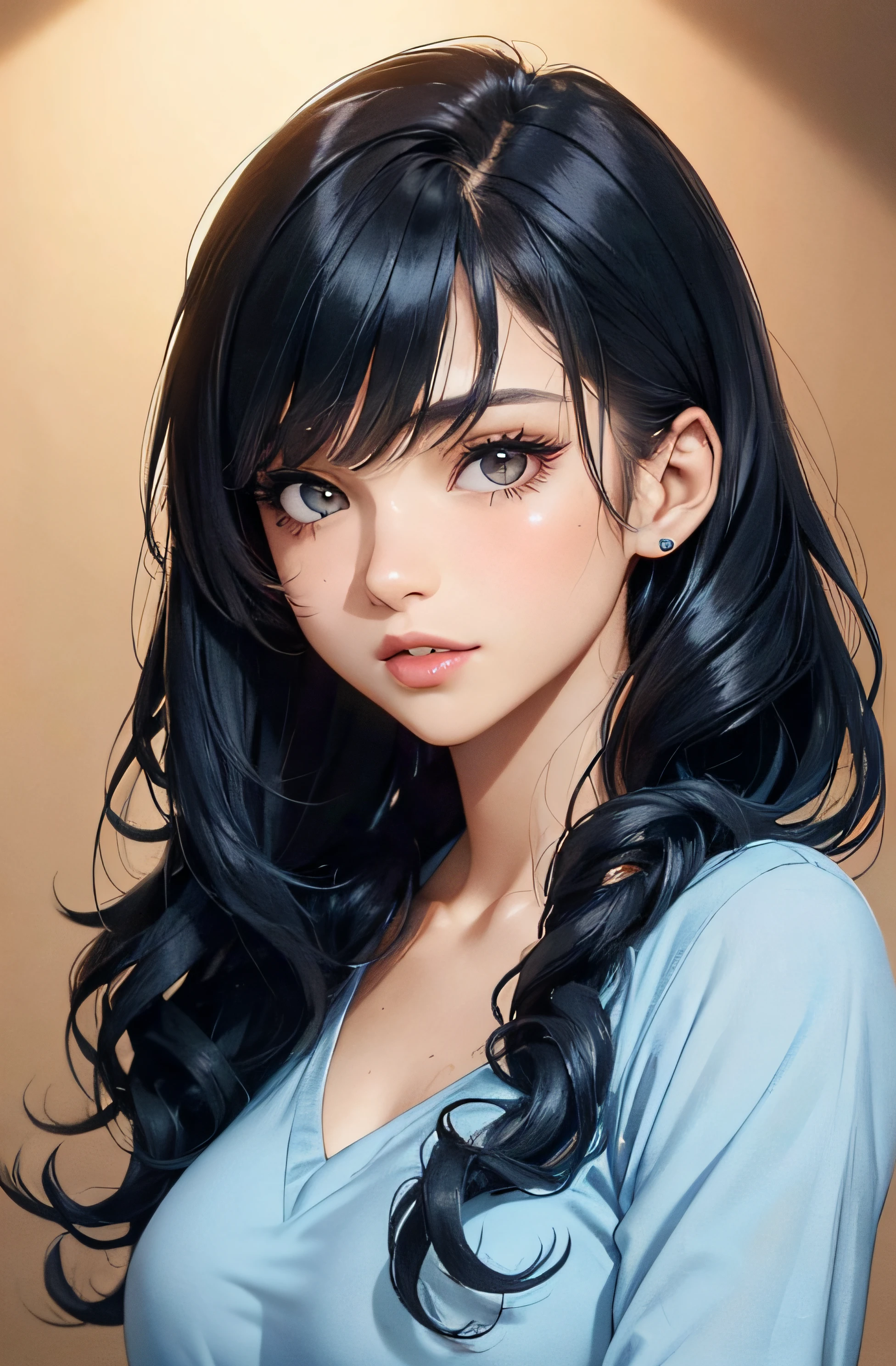 (A photo of upper body), Beautiful face, Highly detailed face and skin texture, (Detailed eyes), Brown eyes, Double eyelids, Thin eyebrows, Glitter eyeliner: 1.2, Natural cheeks, Shiny skin, Fair skin, (((with shirt))), (Shiny lips: 1. 4), (Seductive smile), (20 years old), (Wavy hair, Diagonal bangs), ((black and blue hair)),long mid hair, ((Upper body shot)), ((Focus on chest and face)), Medium large breasts, Upturned breasts.