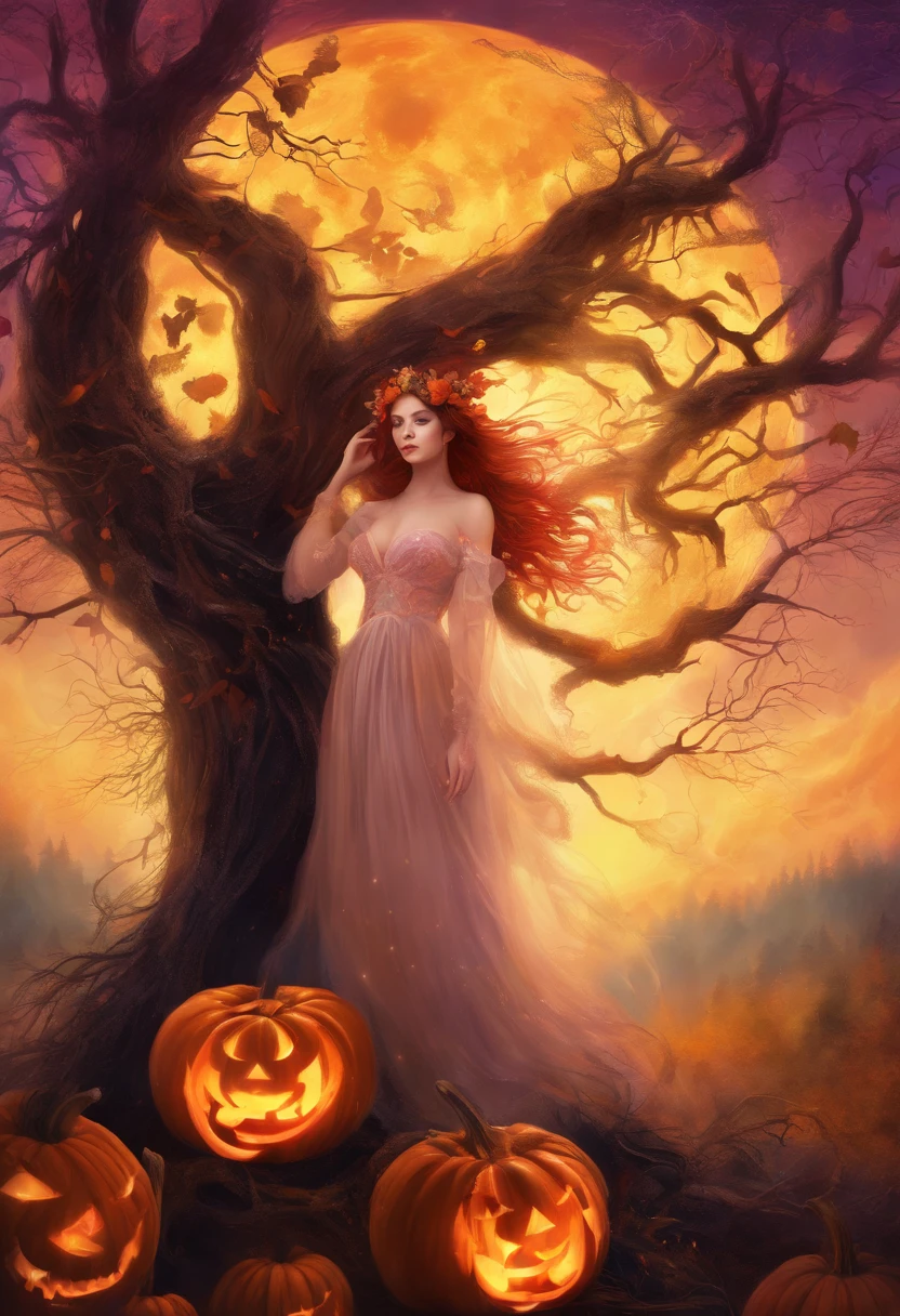 "(best quality, highres, ultra-detailed), The goddess of Halloween casting mystical glowing spells in a haunted forest, orange and purple hues, portraits, vivid colors, extreme detail description, sharp focus, physically-based rendering, studio lighting, horror, witch, magical, eerie atmosphere, swirling fog, ethereal glow, ancient trees, twisted branches, glowing pumpkins, moonlit sky, mysterious shadows, spellbinding, enchanting, hauntingly beautiful"