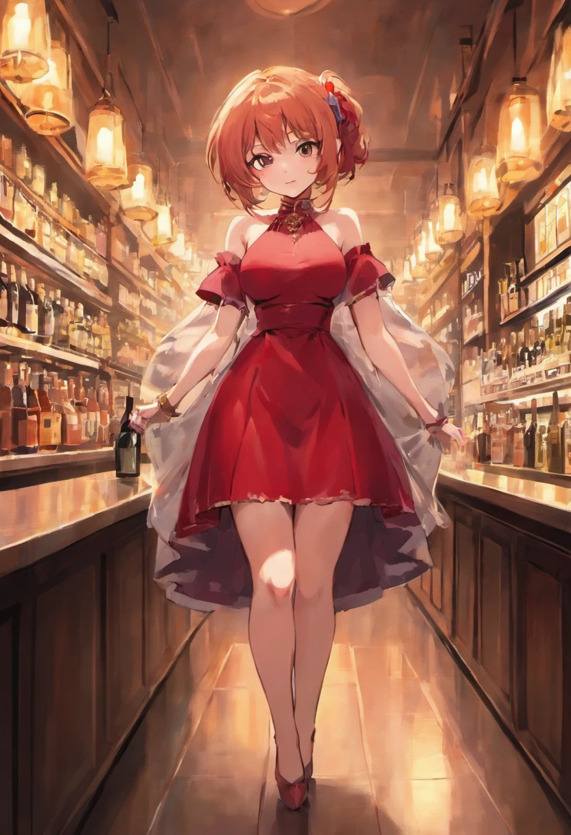 Woman with the appearance of owning a brothel with big breasts and perfect butt in a wine-colored dress , en un fondo de bar generico esperando a un cliente con poca ropa y unos tacones rojos