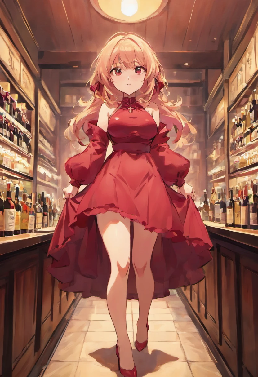 Woman with the appearance of owning a brothel with big breasts and perfect butt in a wine-colored dress , en un fondo de bar generico esperando a un cliente con poca ropa y unos tacones rojos