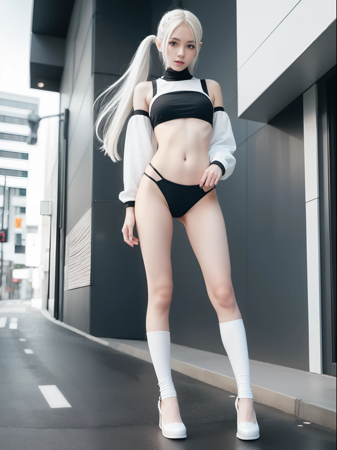 A world of only white, Black and gray(Futuristic Nordic city),20 years girl,masutepiece , Best Quality,The best illustrations(Soft texture),Nahida(GenshinImpact) ,very slender body,tiny chest,Skinny Legs,Long hair ,Side Ponytail, Hair Ornament ,Street,White hair , White hair , hand behind head:1.5,multicolored hair, elf ,Skinny Legs,smil,Tsundere,