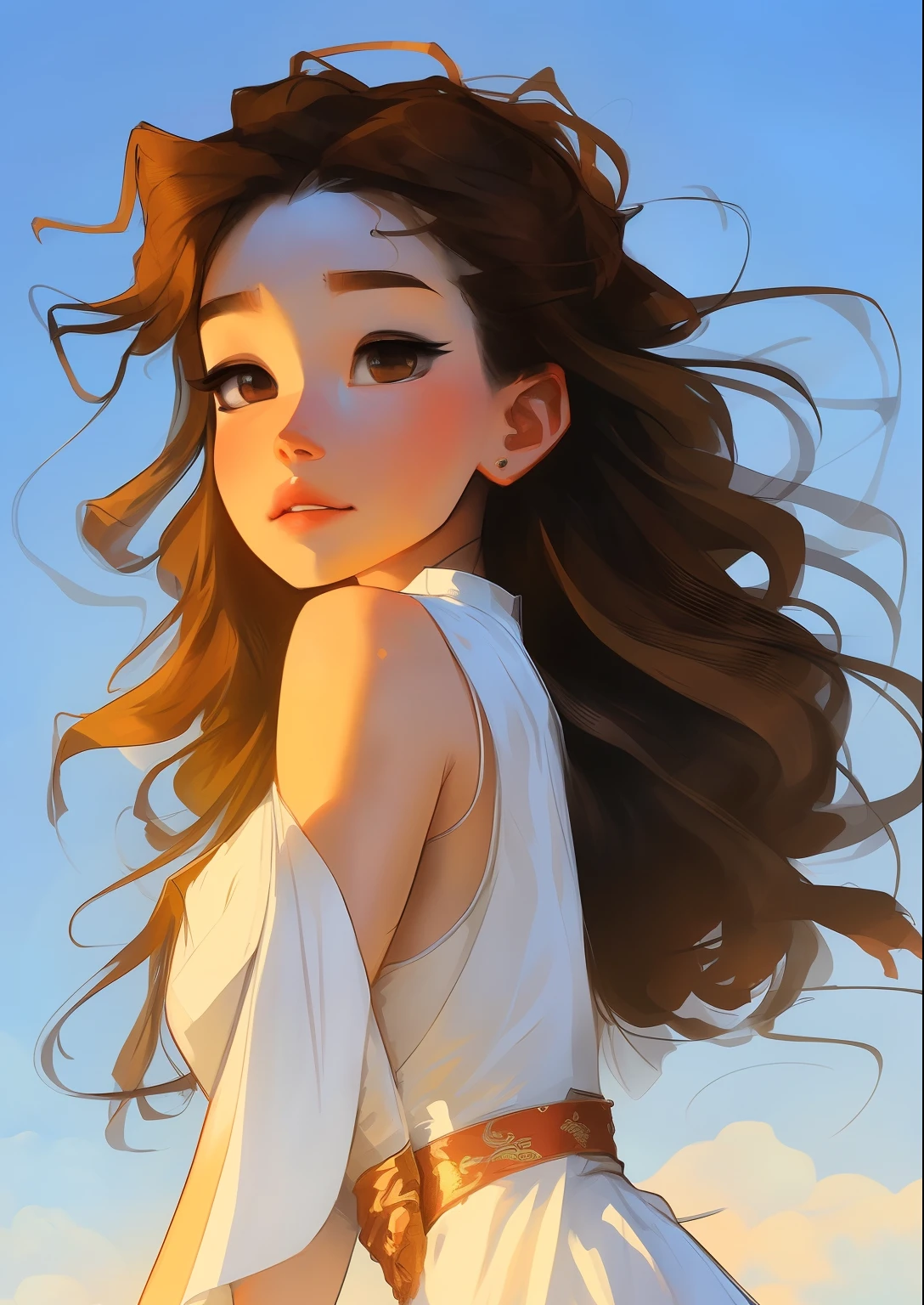 ((full body)), samdoesarts style award winning full body portrait of a beautiful woman, ((perfect feminine face)),((Ancient Chinese Clothes)), ((Shabble Hanfu)), Gazebo, Complex, (Beautiful Detail Eyes),((Hairpins, twisted hair, curly hair, double ball head)), (Sunlight), shaded flat illustration, digital art, trending on artstation, highly detailed, fine detail, intricate, art by artgerm and rutkowski and alphonse mucha,