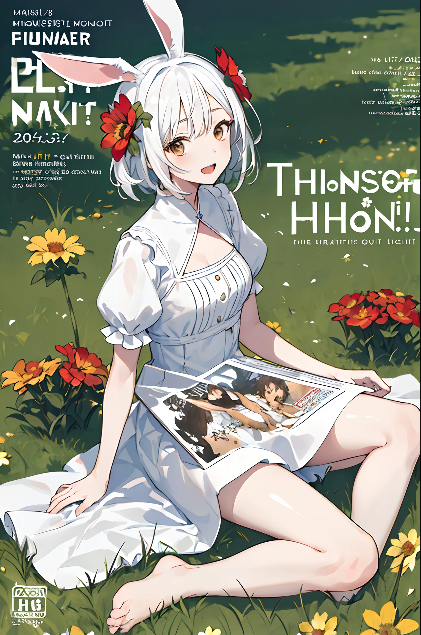 (masterpiece,best quality:1.5), 1girl, solo, solo focus, (animal ears, rabbit ears), barefoot, knees up, dress, sitting, short sleeves, looking at viewer, grass, short hair, smile, white hair, puffy sleeves, outdoors, puffy short sleeves, bangs, on ground, full body, animal, sunlight, brown eyes, dappled sunlight, day, depth of field, open mouth, (flower, hair flower), w, wariza, white dress,
(magazine:1.3), (cover-style:1.3), fashionable, woman, vibrant, outfit, posing, front, colorful, dynamic, background, elements, confident, expression, holding, statement, accessory, majestic, coiled, around, touch, scene, text, cover, bold, attention-grabbing, title, stylish, font, catchy, headline, larger, striking, modern, trendy, focus, fashion,