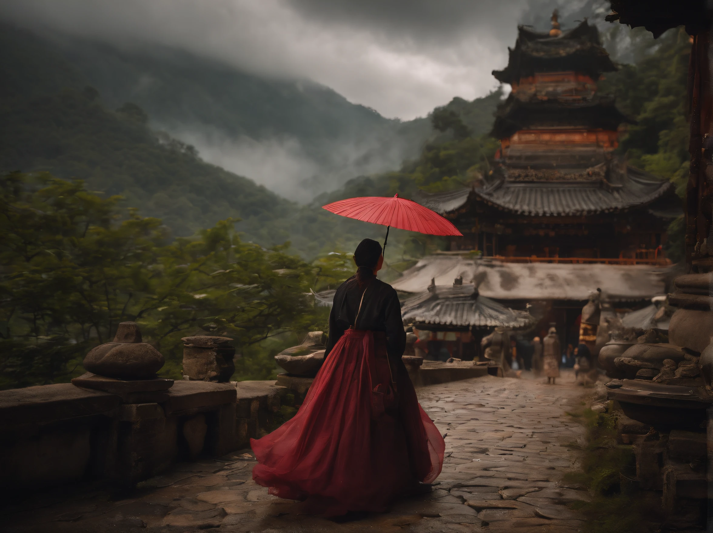 Girl wearing a Hanfu umbrella，Behind him is the temple，Walking alone in heavy rain，In the distance are mountains and waterfalls，tmasterpiece，Masterpiece，rich details​，Da Vinci color grading，4D movie textures