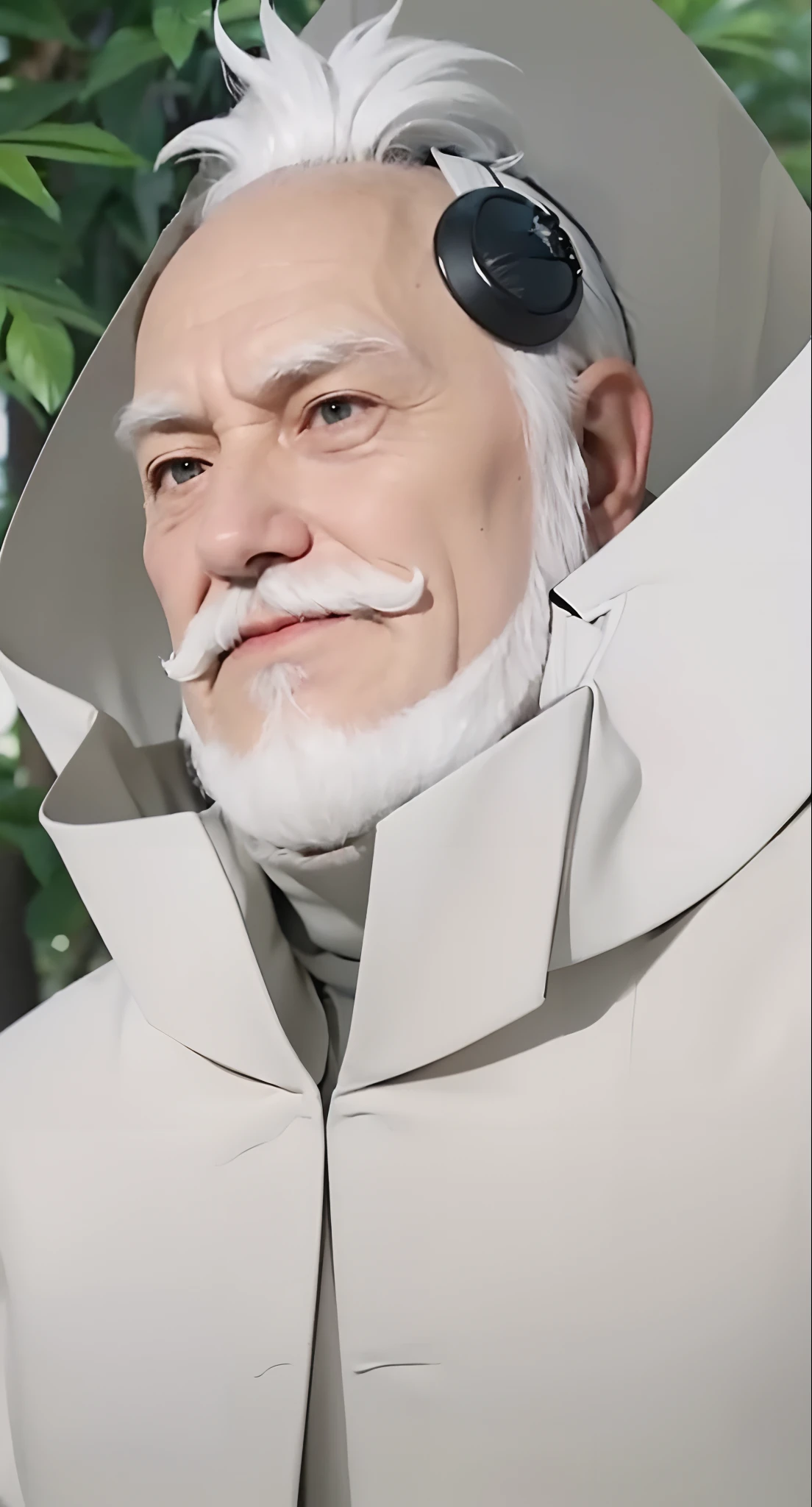 Real life adaption of this character,old man face, cool expression,realistic same hair,(realistic same outfit), realistic background, hyper realistic, realistic light, realistic shadow, realism,(photorealistic:1.2), looking to viewer, Realistic white mustache and beard,same accecories in the head