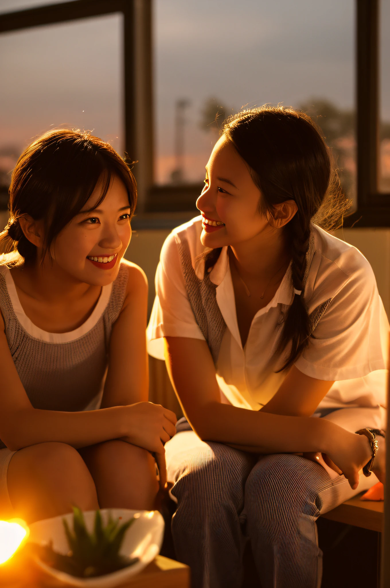 After school, in a classroom,
BREAK
a girl is having a fun conversation with her friend. They are smiling, looking at each other, seemingly sharing an interesting story.
BREAK
The classroom is illuminated softly by the setting sun, creating a warm atmosphere that enhances their enjoyable time.
BREAK
They are cherishing their free time, deepening their friendship.