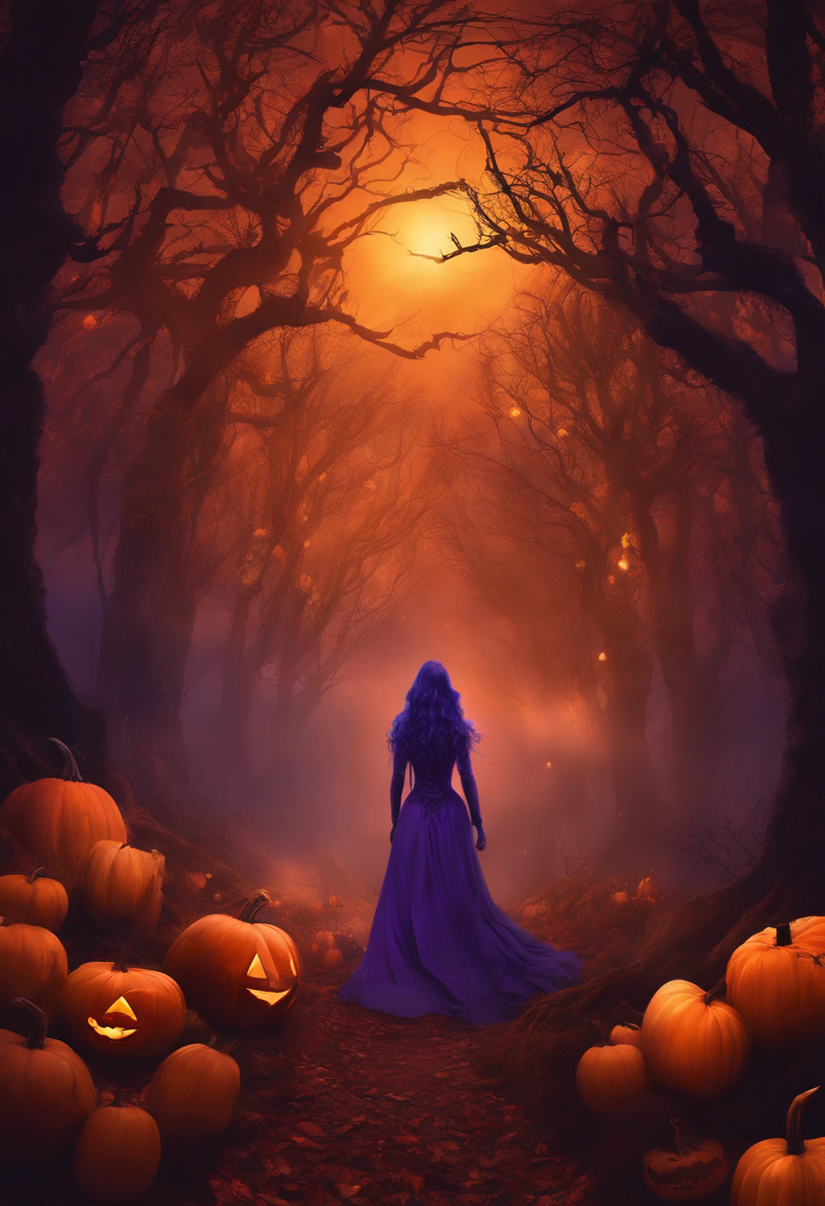 "(best quality, highres, ultra-detailed), The goddess of Halloween casting mystical glowing spells in a haunted forest, orange and purple hues, portraits, vivid colors, extreme detail description, sharp focus, physically-based rendering, studio lighting, horror, witch, magical, eerie atmosphere, swirling fog, ethereal glow, ancient trees, twisted branches, glowing pumpkins, moonlit sky, mysterious shadows, spellbinding, enchanting, hauntingly beautiful"